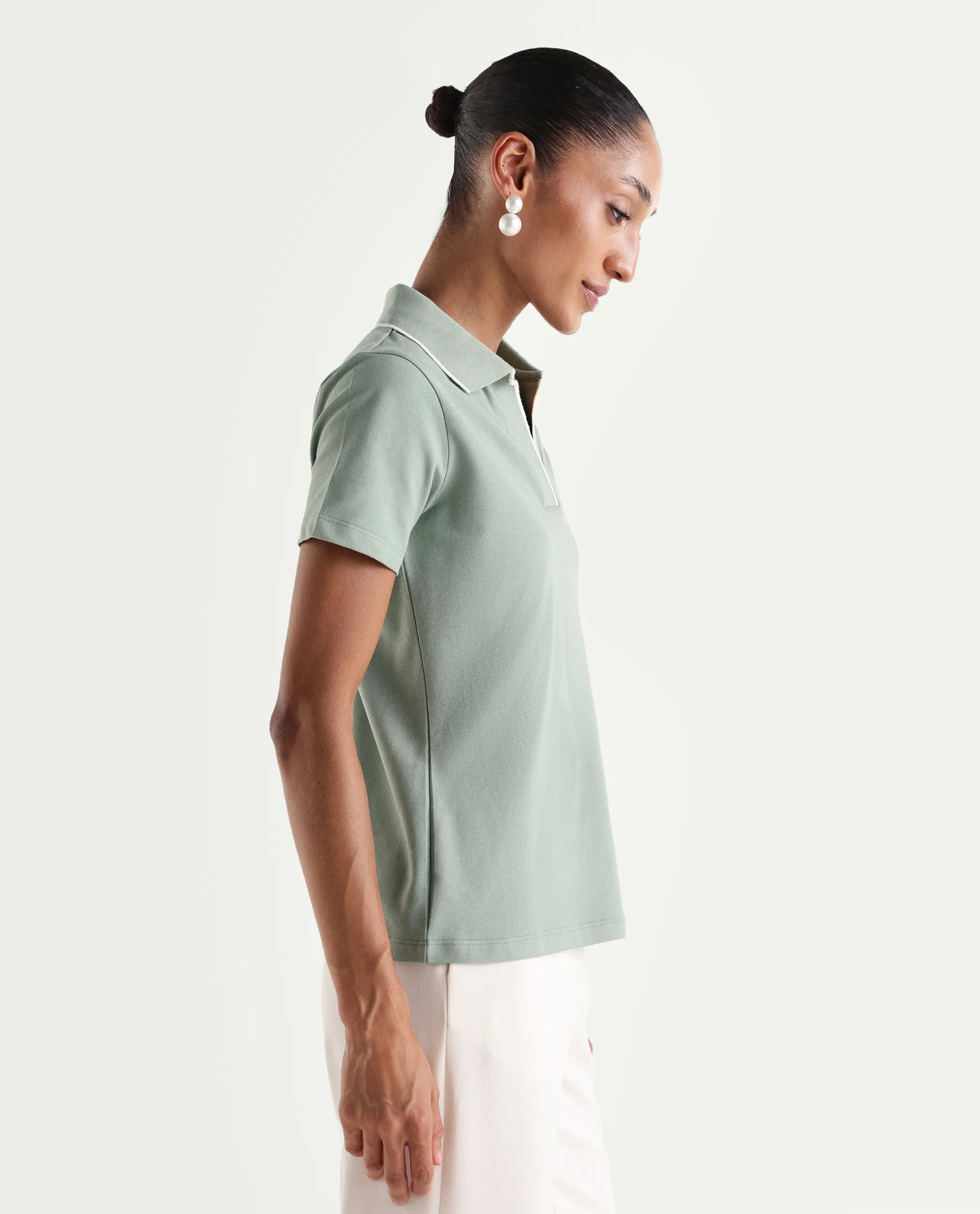 Rareism Women's Zeya Light Green Cotton Blend Half Sleeve Regular Fit Plain Polo - Image 6