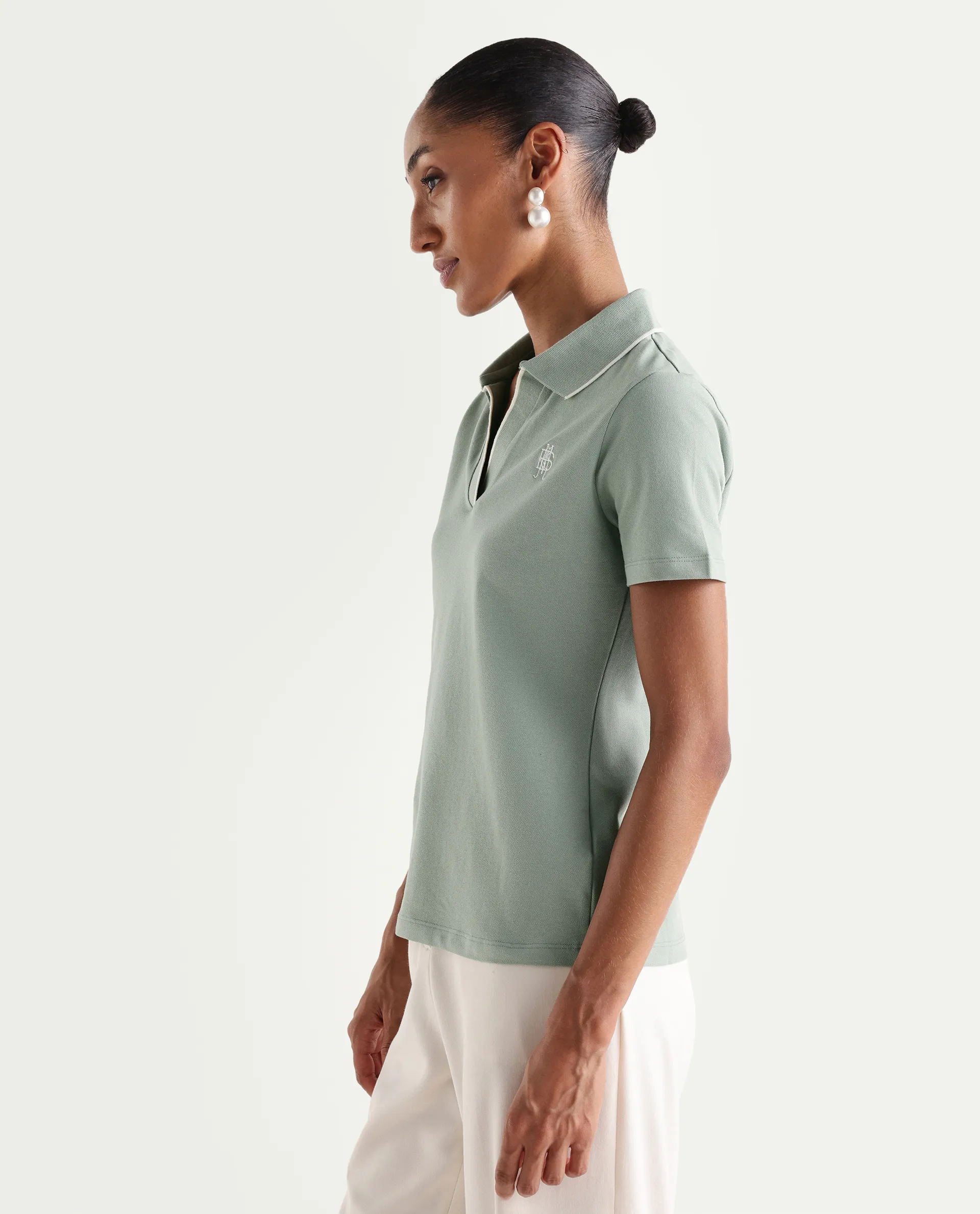 Rareism Women's Zeya Light Green Cotton Blend Half Sleeve Regular Fit Plain Polo - Image 7