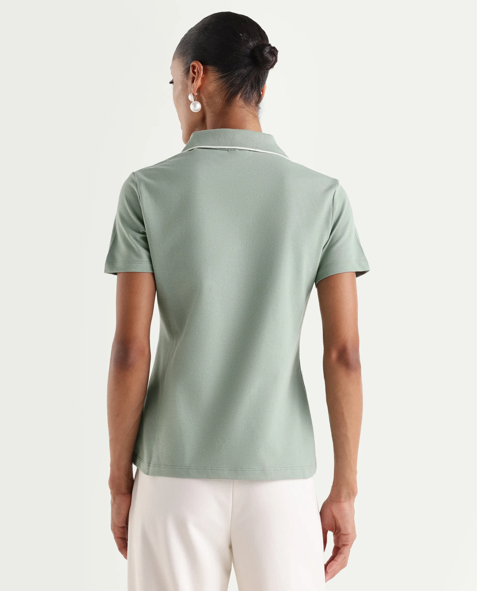 Rareism Women's Zeya Light Green Cotton Blend Half Sleeve Regular Fit Plain Polo - Image 8