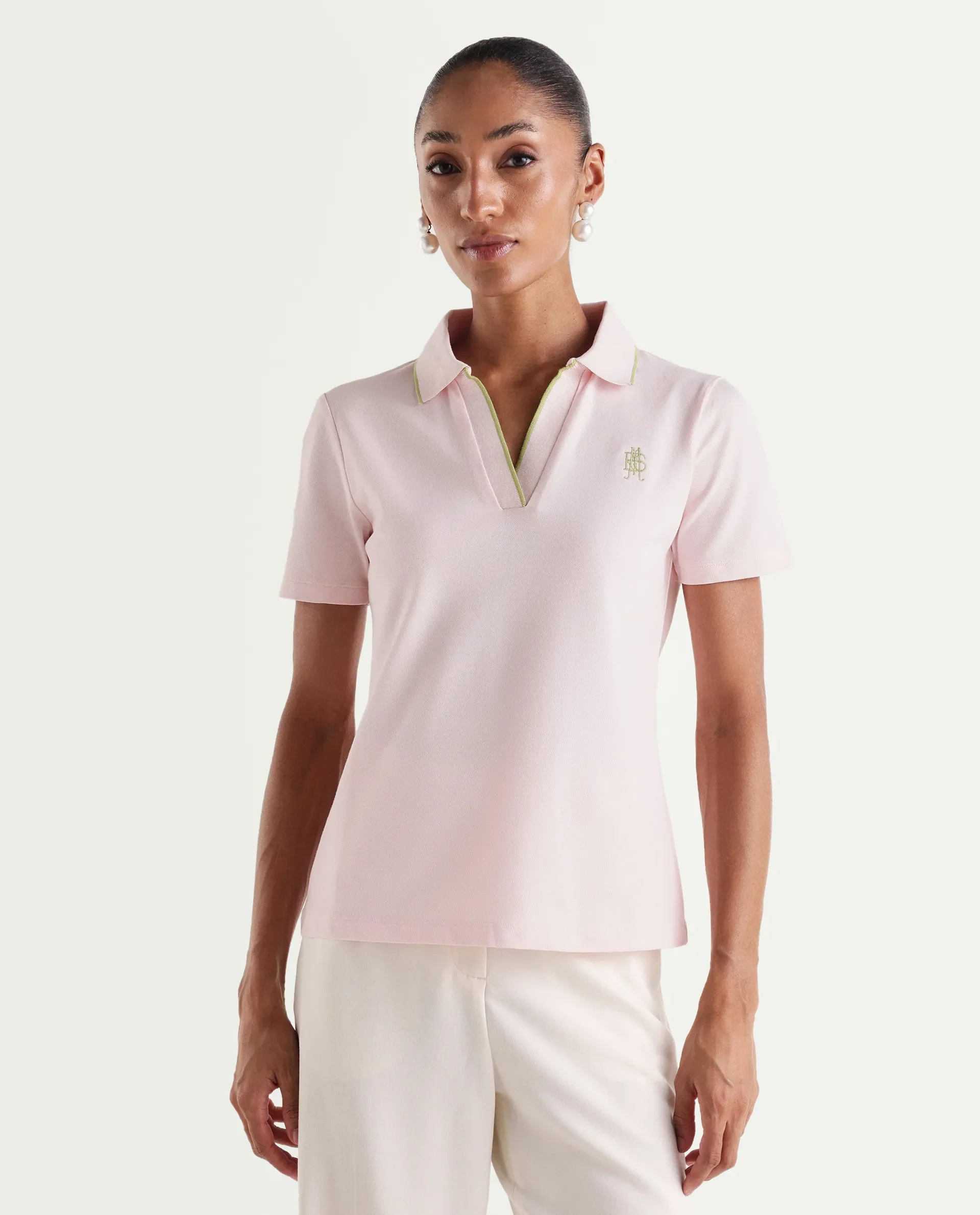 Rareism Women's Zeya Light Pink Cotton Blend Half Sleeve Regular Fit Plain Polo - Image 3