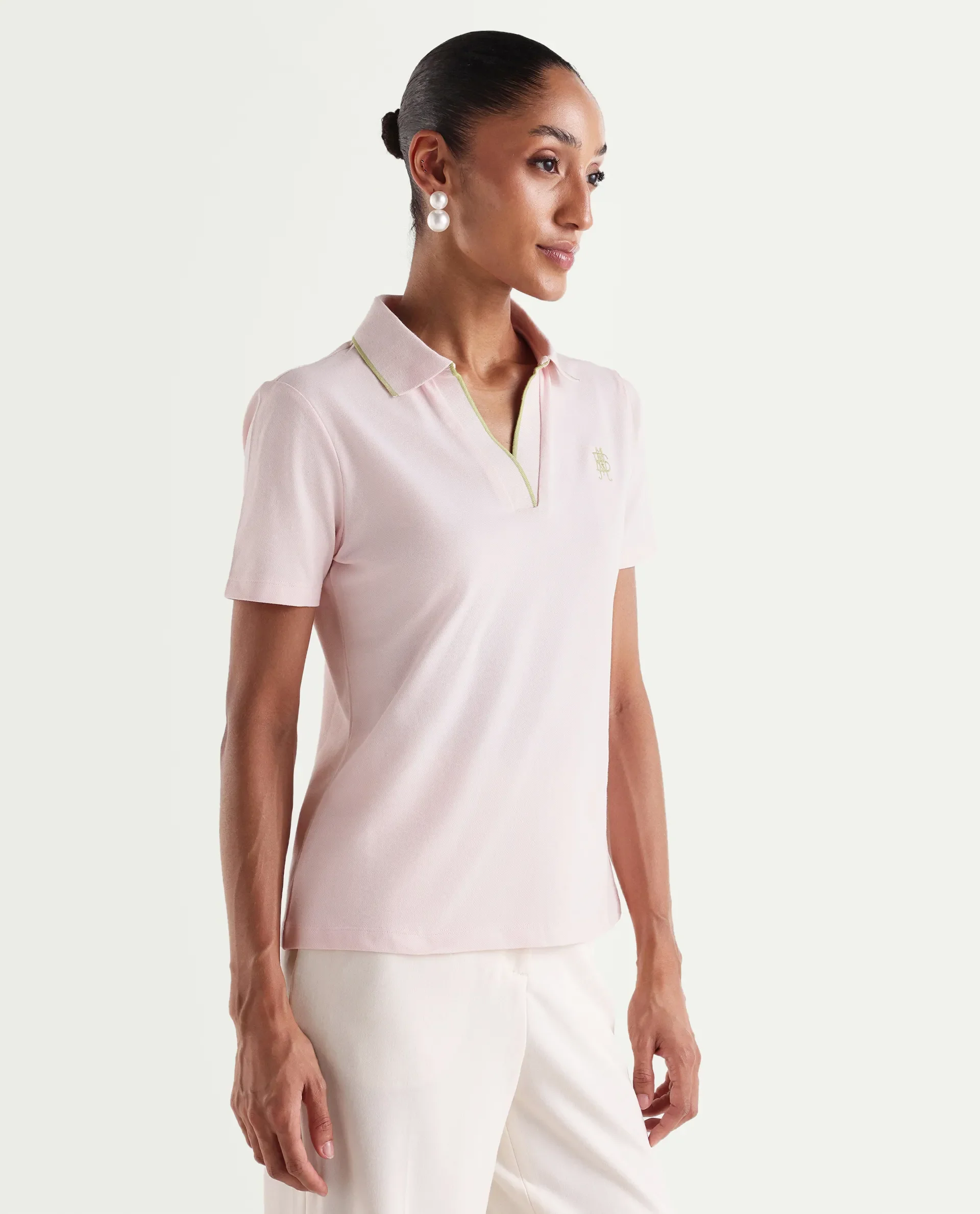 Rareism Women's Zeya Light Pink Cotton Blend Half Sleeve Regular Fit Plain Polo - Image 5
