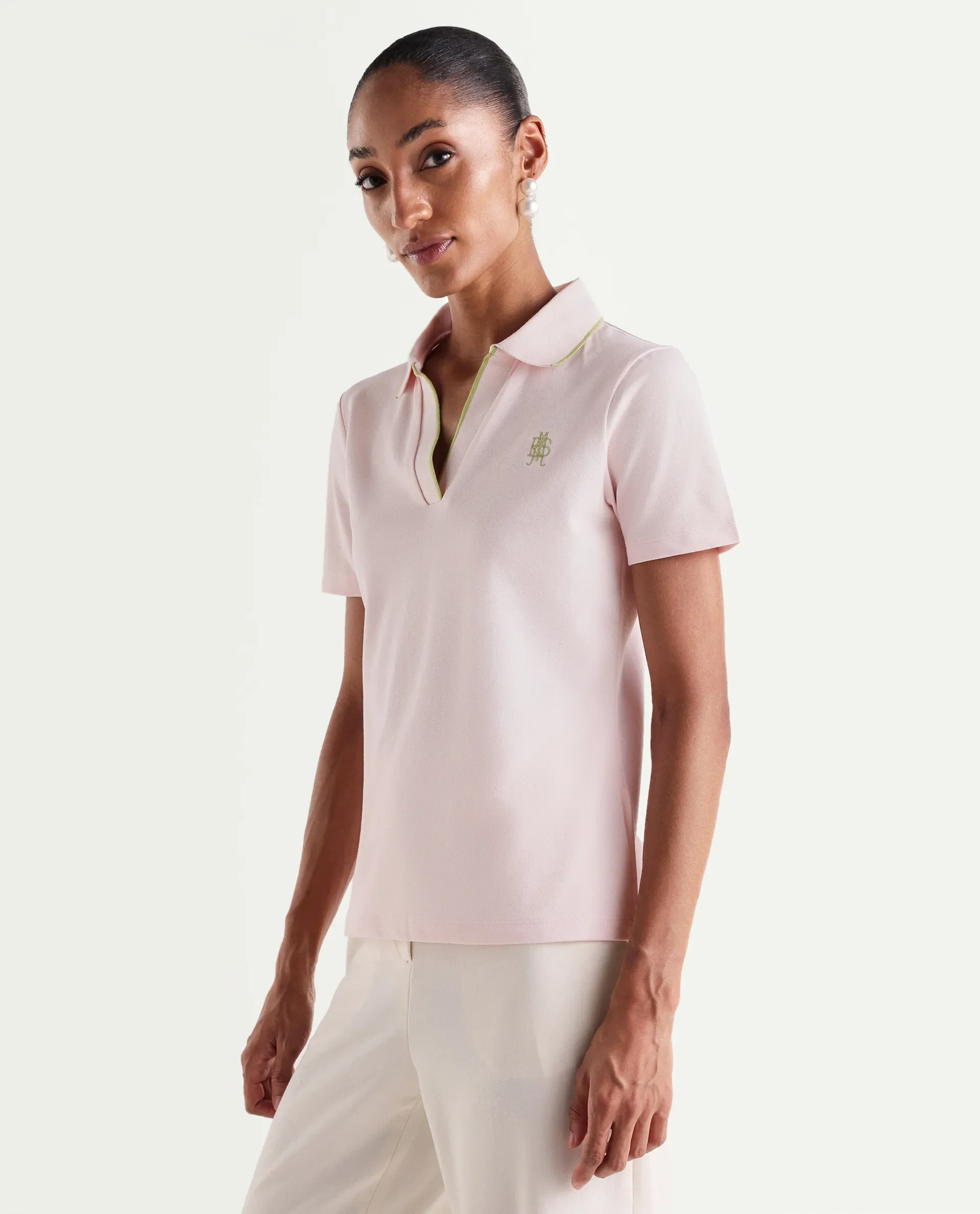 Rareism Women's Zeya Light Pink Cotton Blend Half Sleeve Regular Fit Plain Polo - Image 6