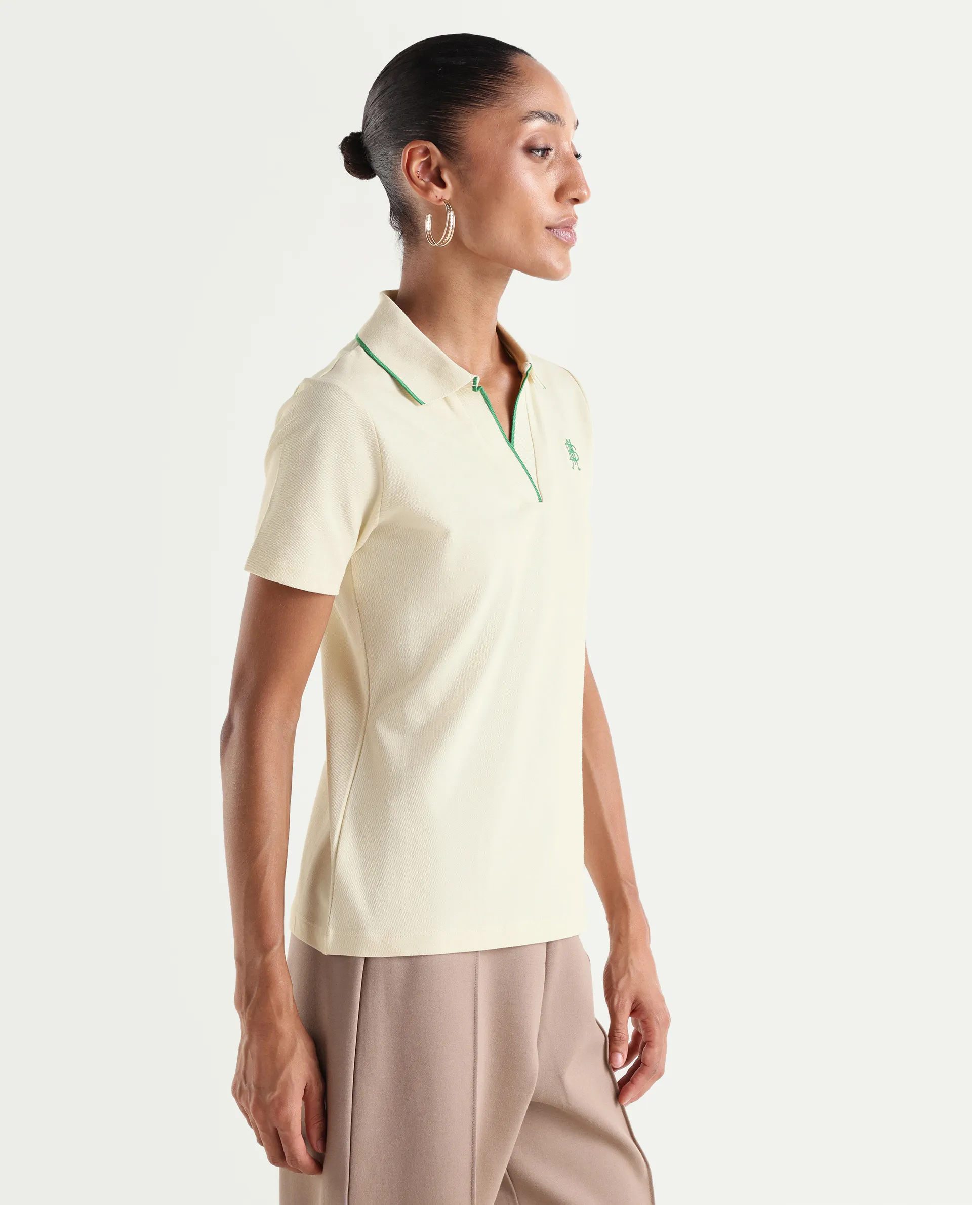 Rareism Women's Zeya Off White Cotton Blend Half Sleeve Regular Fit Plain Polo - Image 7