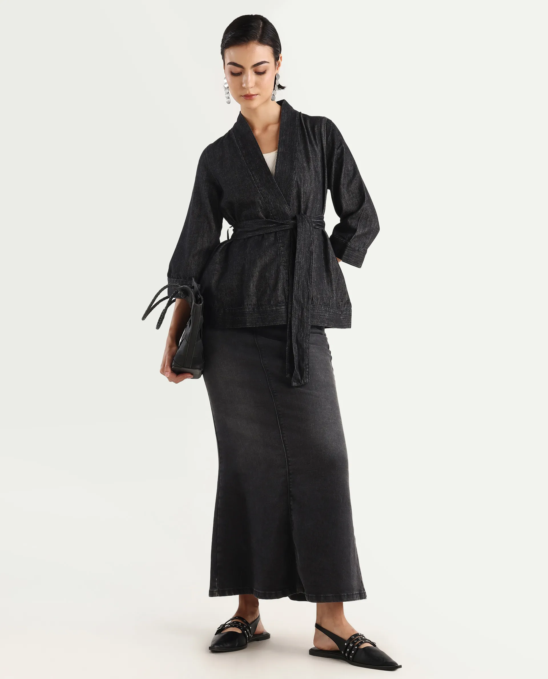 Rareism Women's Zezamy Black Cotton Wrap Neck Plain Regular Fit Jacket - Image 2