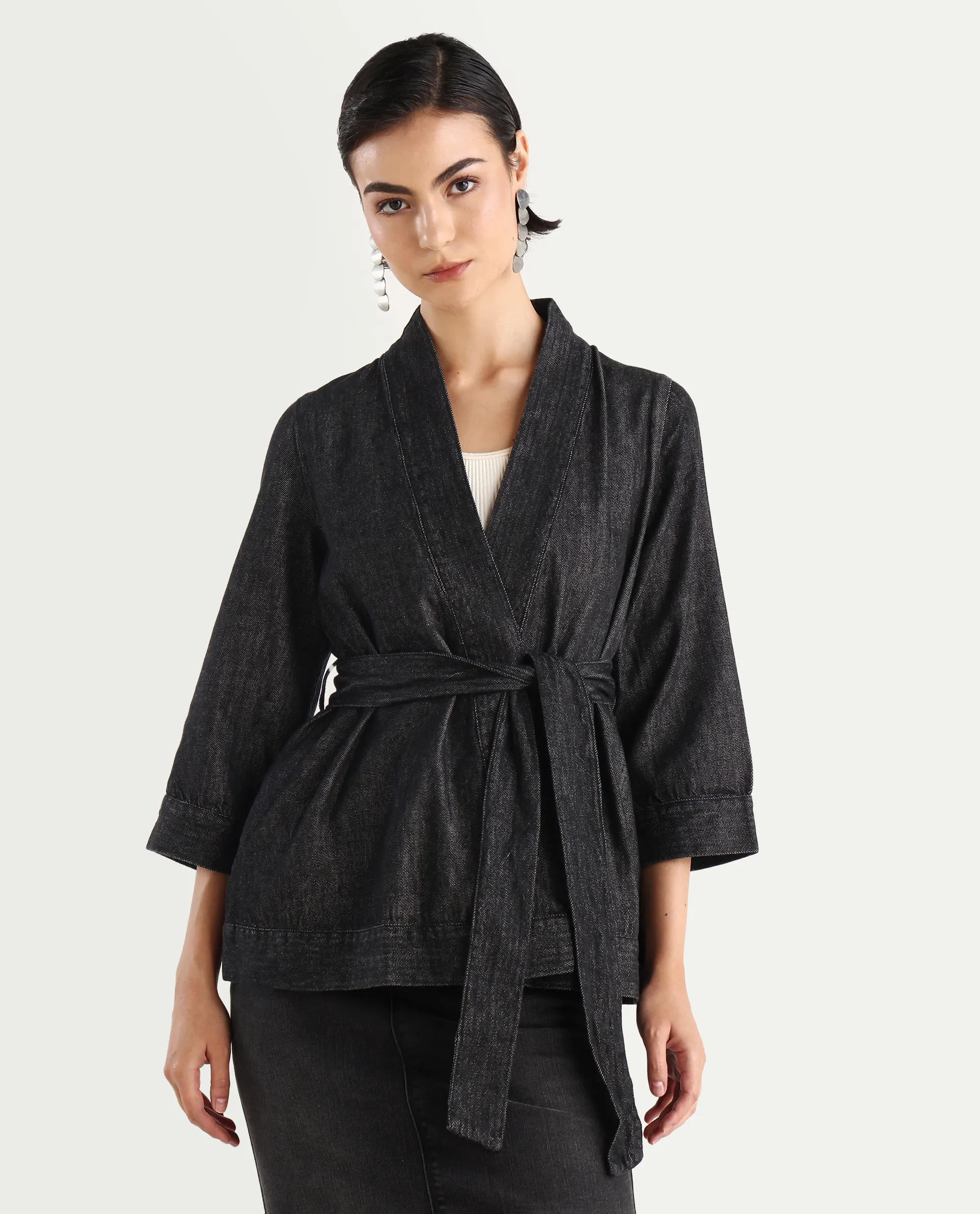 Rareism Women's Zezamy Black Cotton Wrap Neck Plain Regular Fit Jacket - Image 3