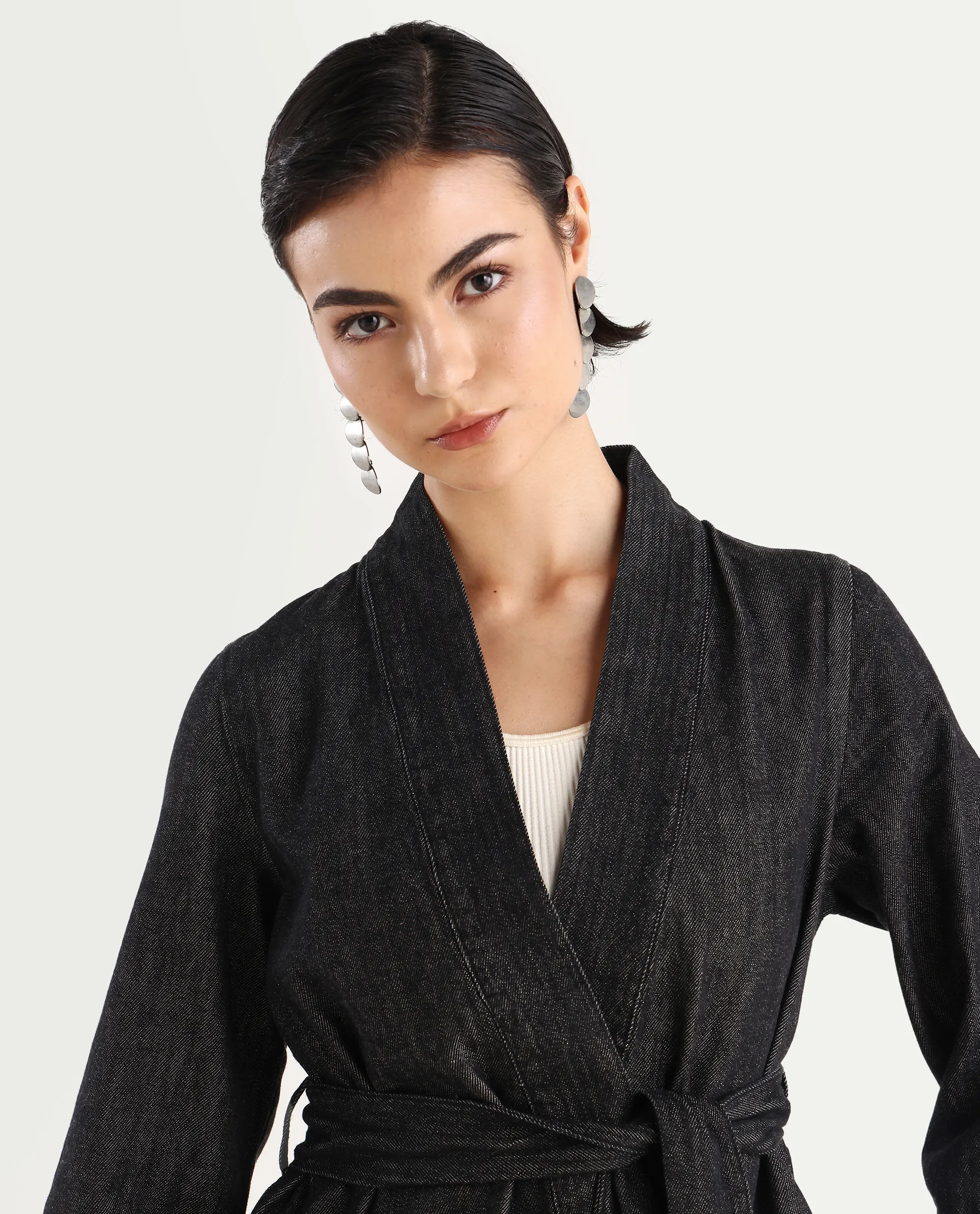 Rareism Women's Zezamy Black Cotton Wrap Neck Plain Regular Fit Jacket - Image 4