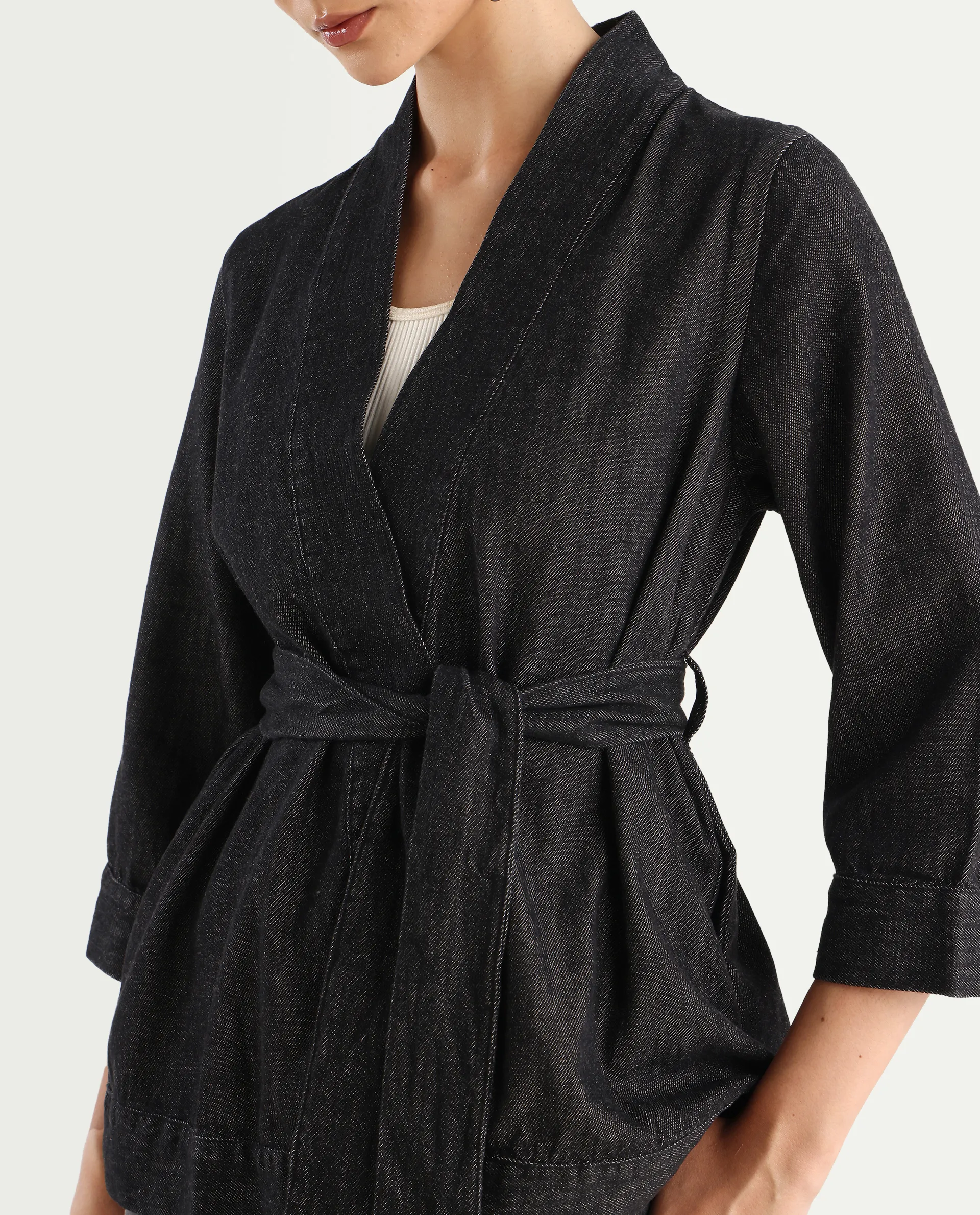 Rareism Women's Zezamy Black Cotton Wrap Neck Plain Regular Fit Jacket - Image 5