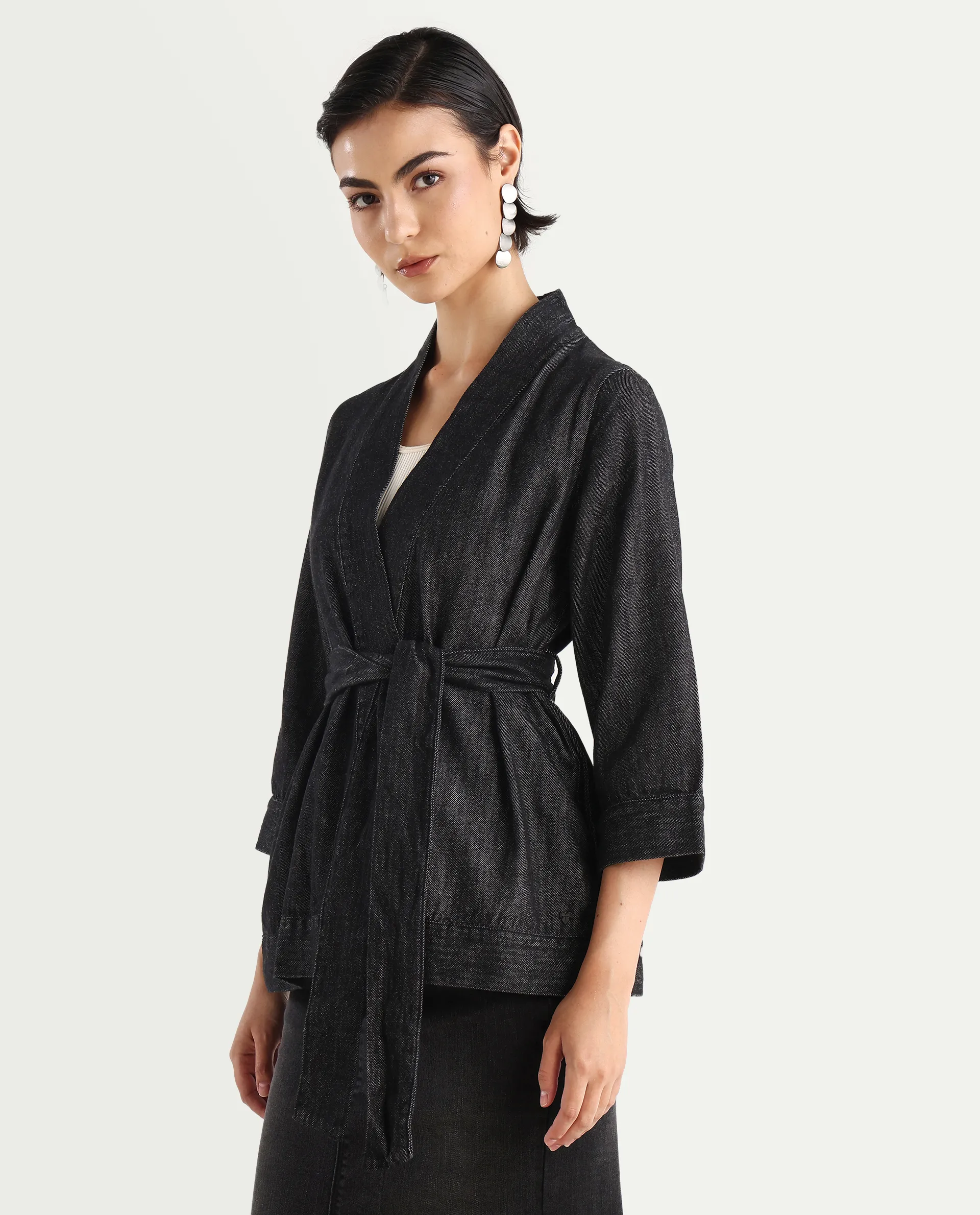 Rareism Women's Zezamy Black Cotton Wrap Neck Plain Regular Fit Jacket - Image 6