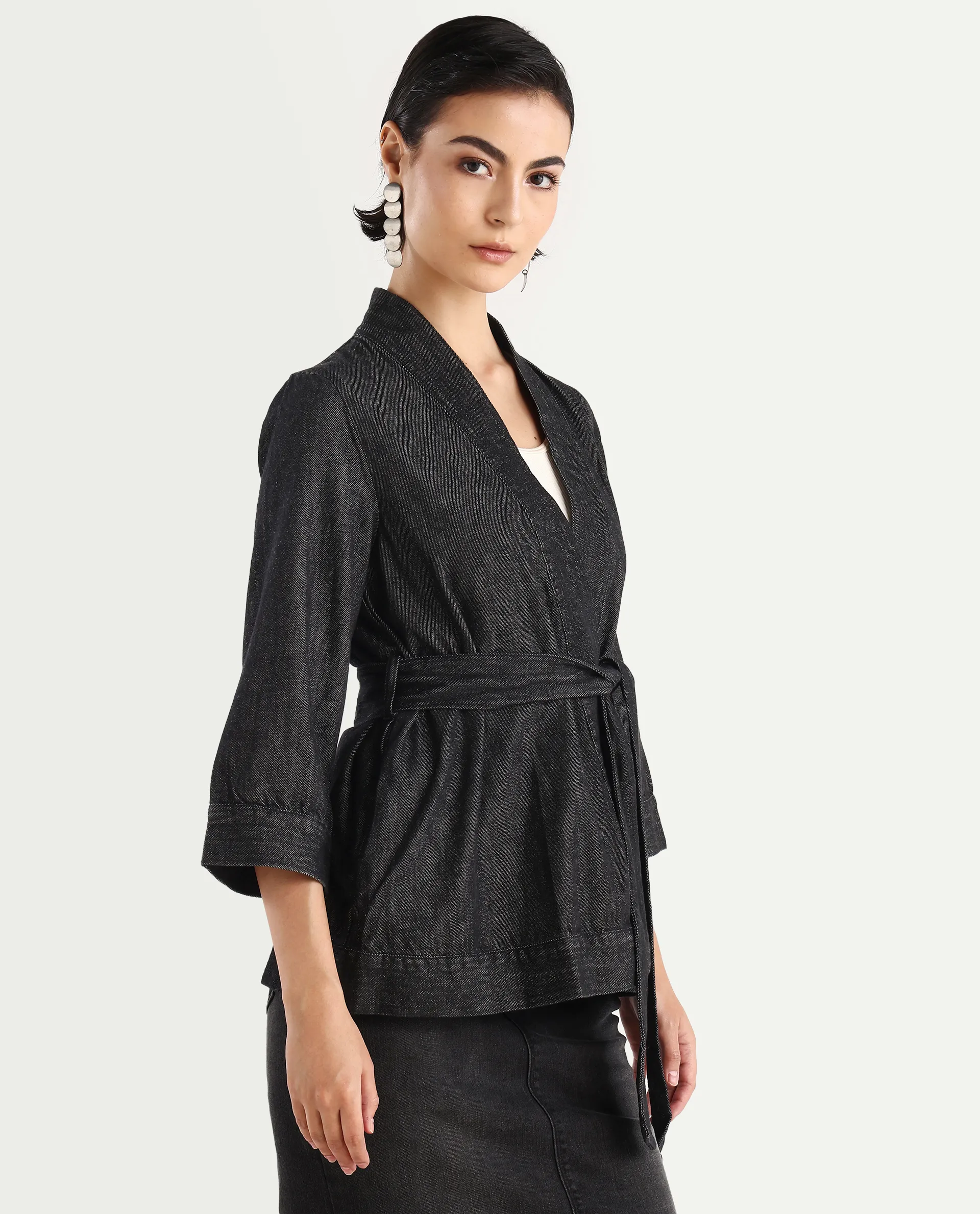 Rareism Women's Zezamy Black Cotton Wrap Neck Plain Regular Fit Jacket - Image 7