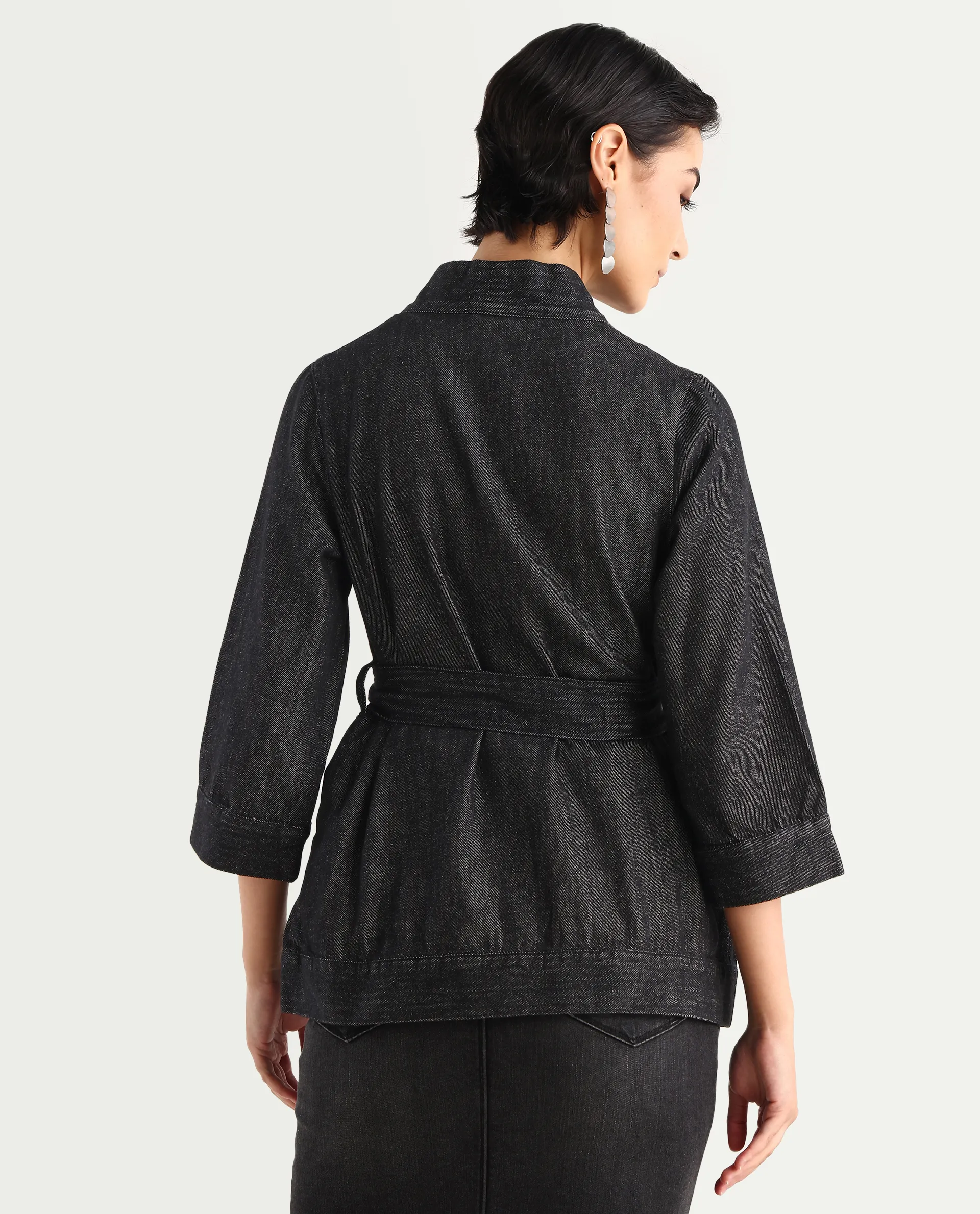 Rareism Women's Zezamy Black Cotton Wrap Neck Plain Regular Fit Jacket - Image 8
