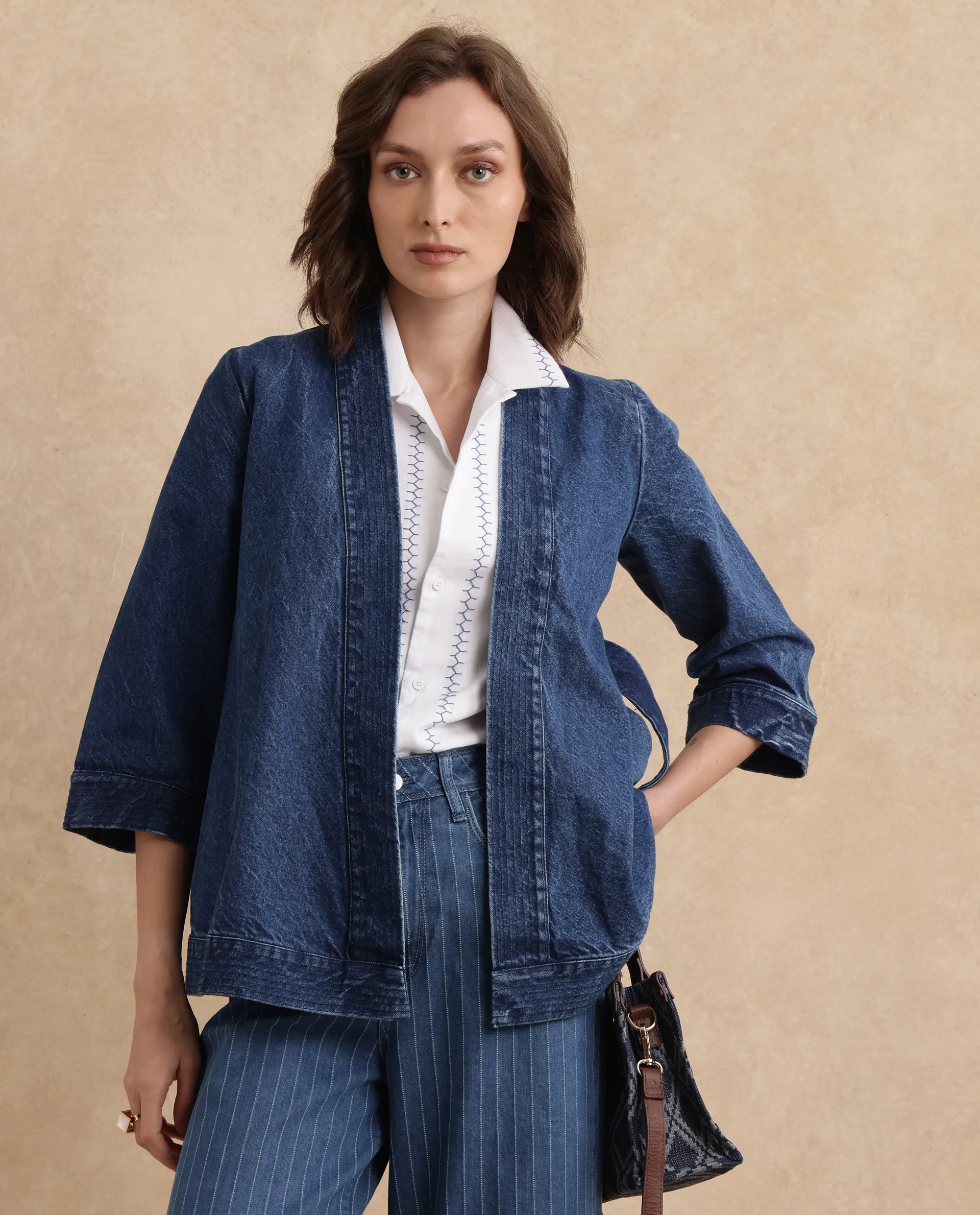 Rareism Women's Zezo Blue Cotton Wrap Neck Plain Regular Fit Jacket - Image 2