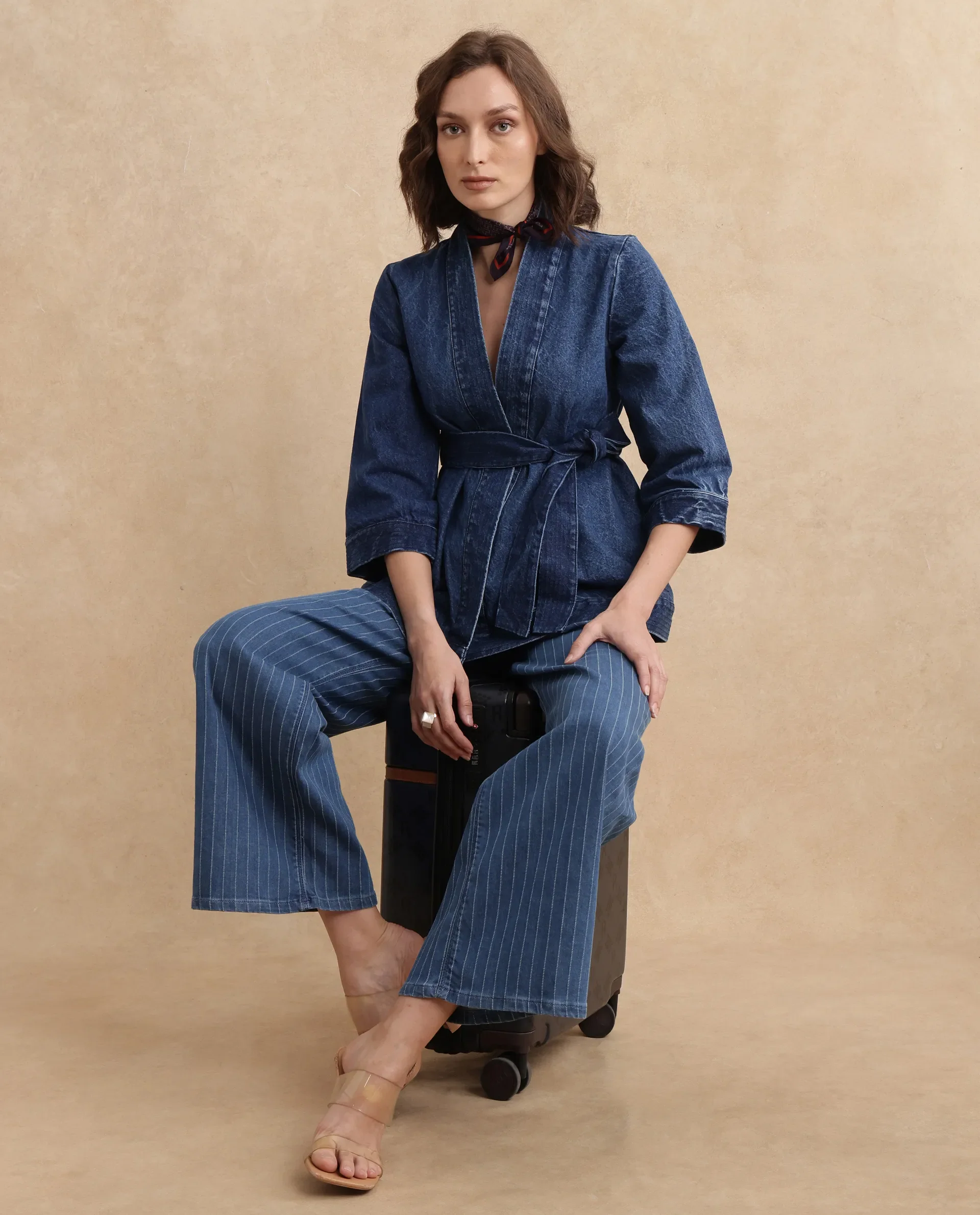 Rareism Women's Zezo Blue Cotton Wrap Neck Plain Regular Fit Jacket - Image 3