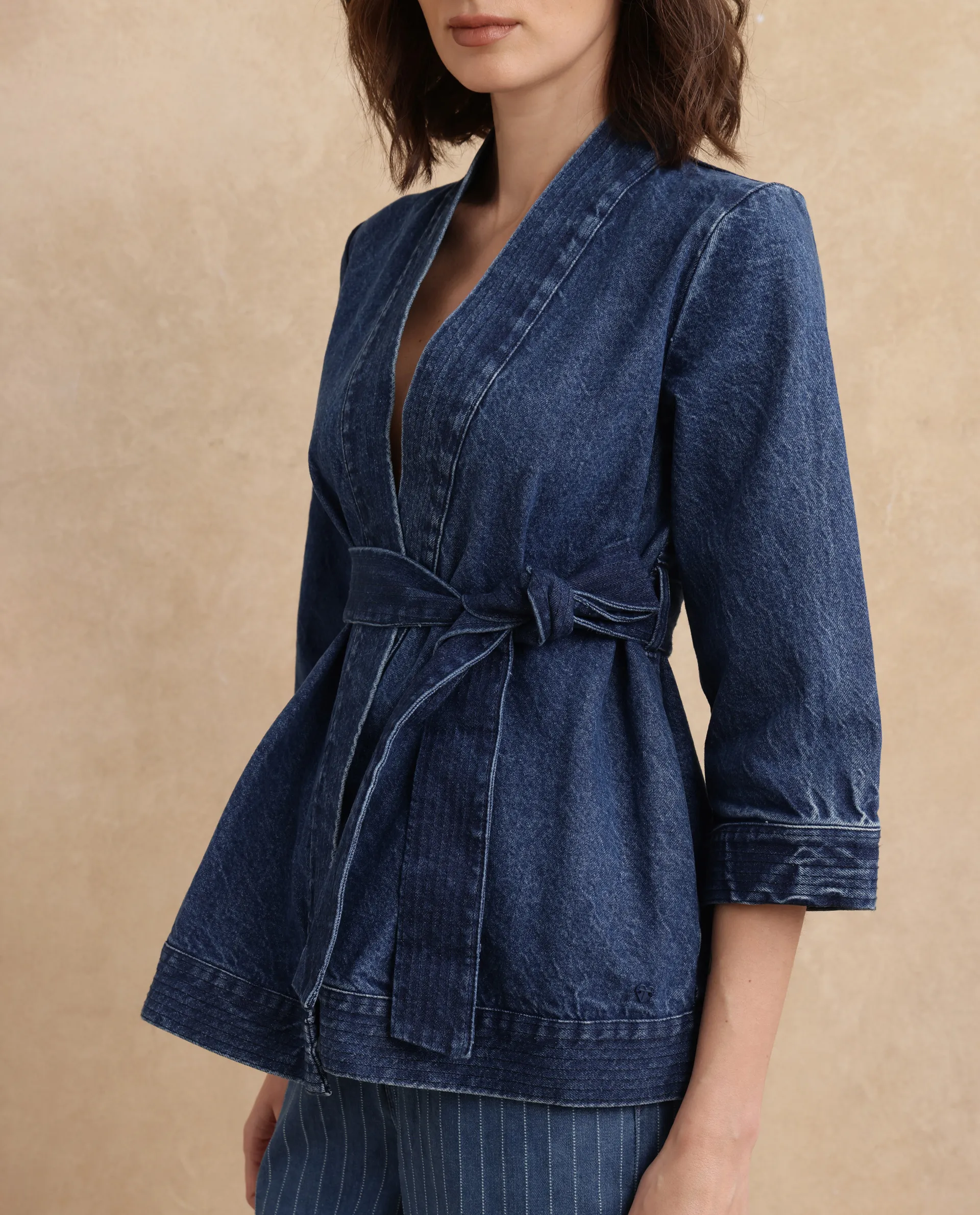 Rareism Women's Zezo Blue Cotton Wrap Neck Plain Regular Fit Jacket - Image 4
