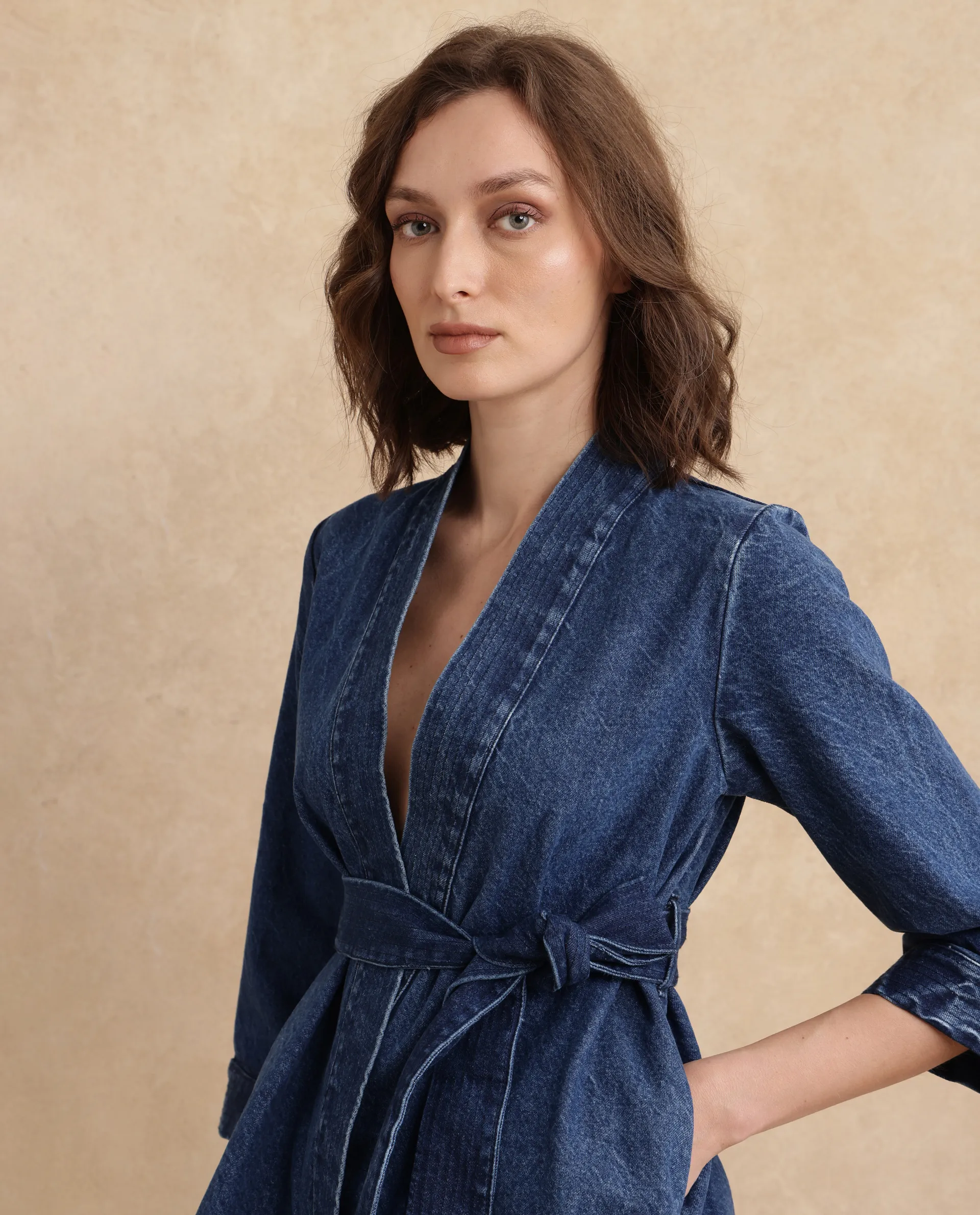 Rareism Women's Zezo Blue Cotton Wrap Neck Plain Regular Fit Jacket - Image 6