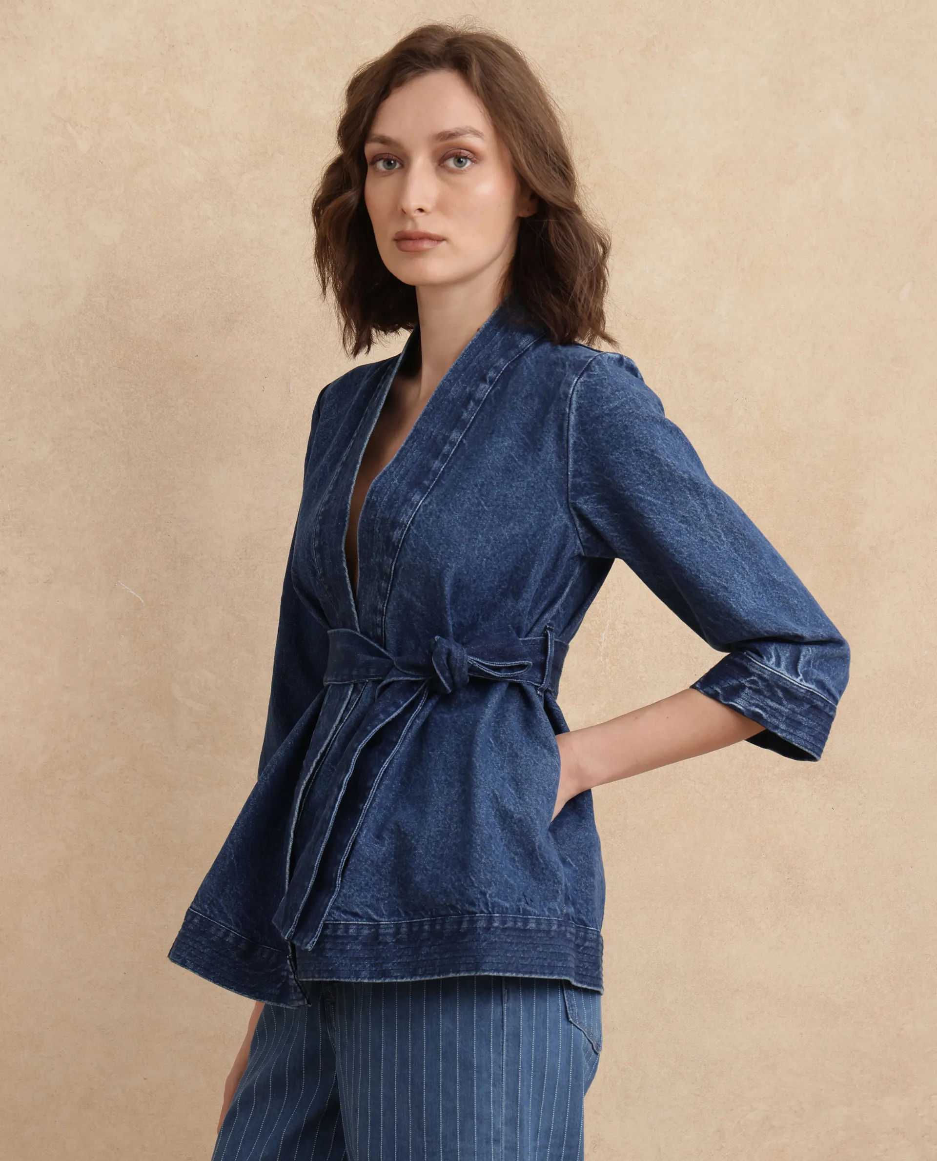 Rareism Women's Zezo Blue Cotton Wrap Neck Plain Regular Fit Jacket - Image 7