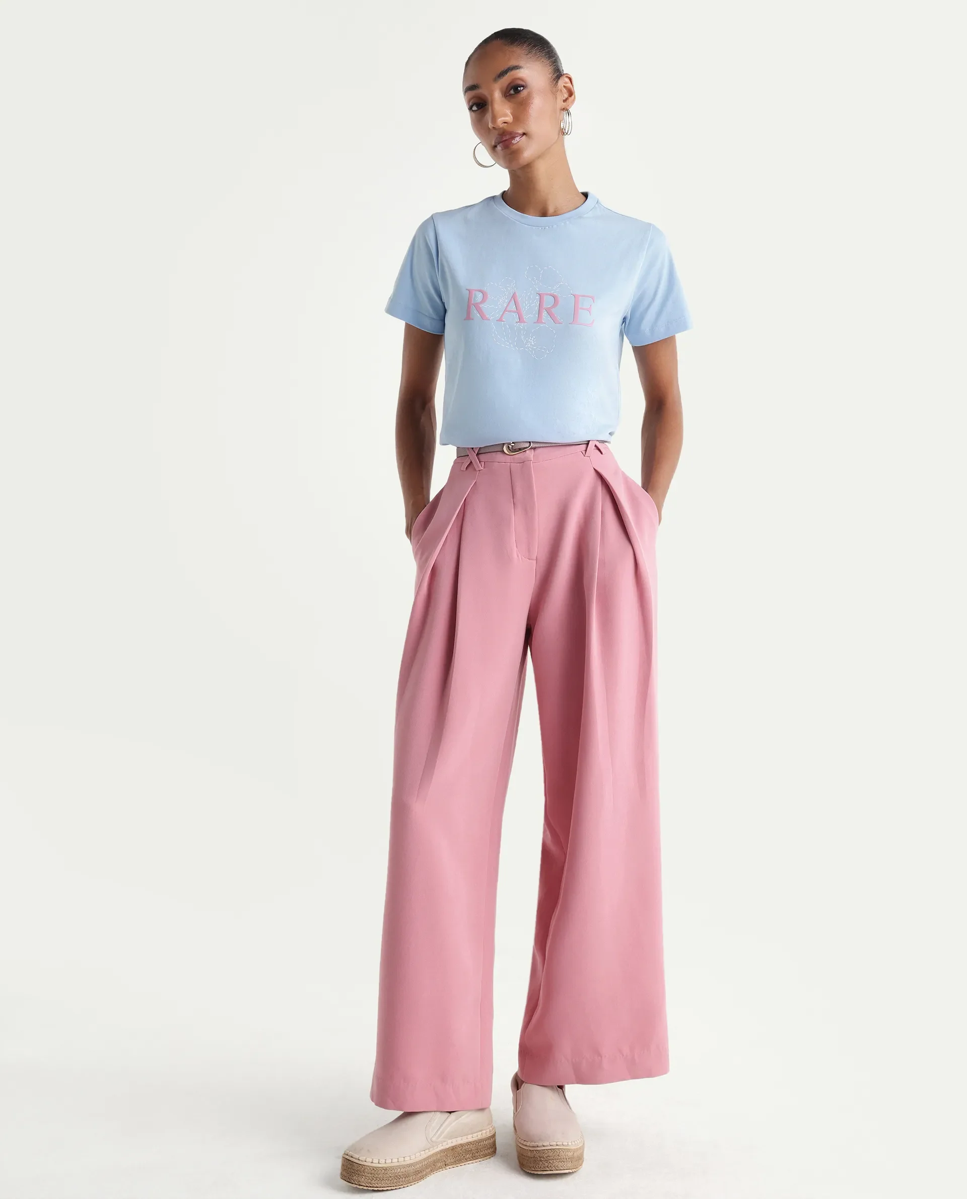 Rareism Women's Zhane Light Blue Cotton Crew Neck Pull-On Regular Typography Print T-Shirt - Image 2