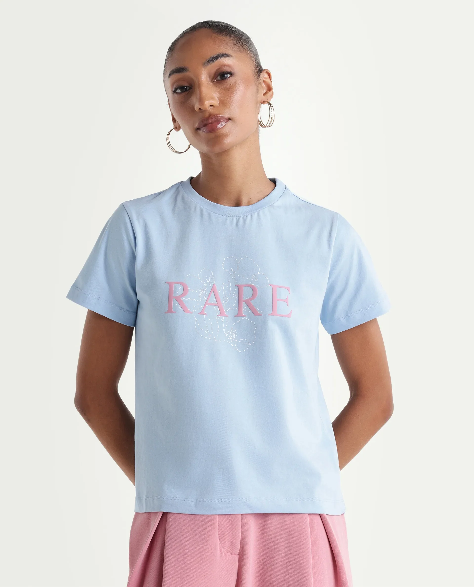 Rareism Women's Zhane Light Blue Cotton Crew Neck Pull-On Regular Typography Print T-Shirt - Image 3