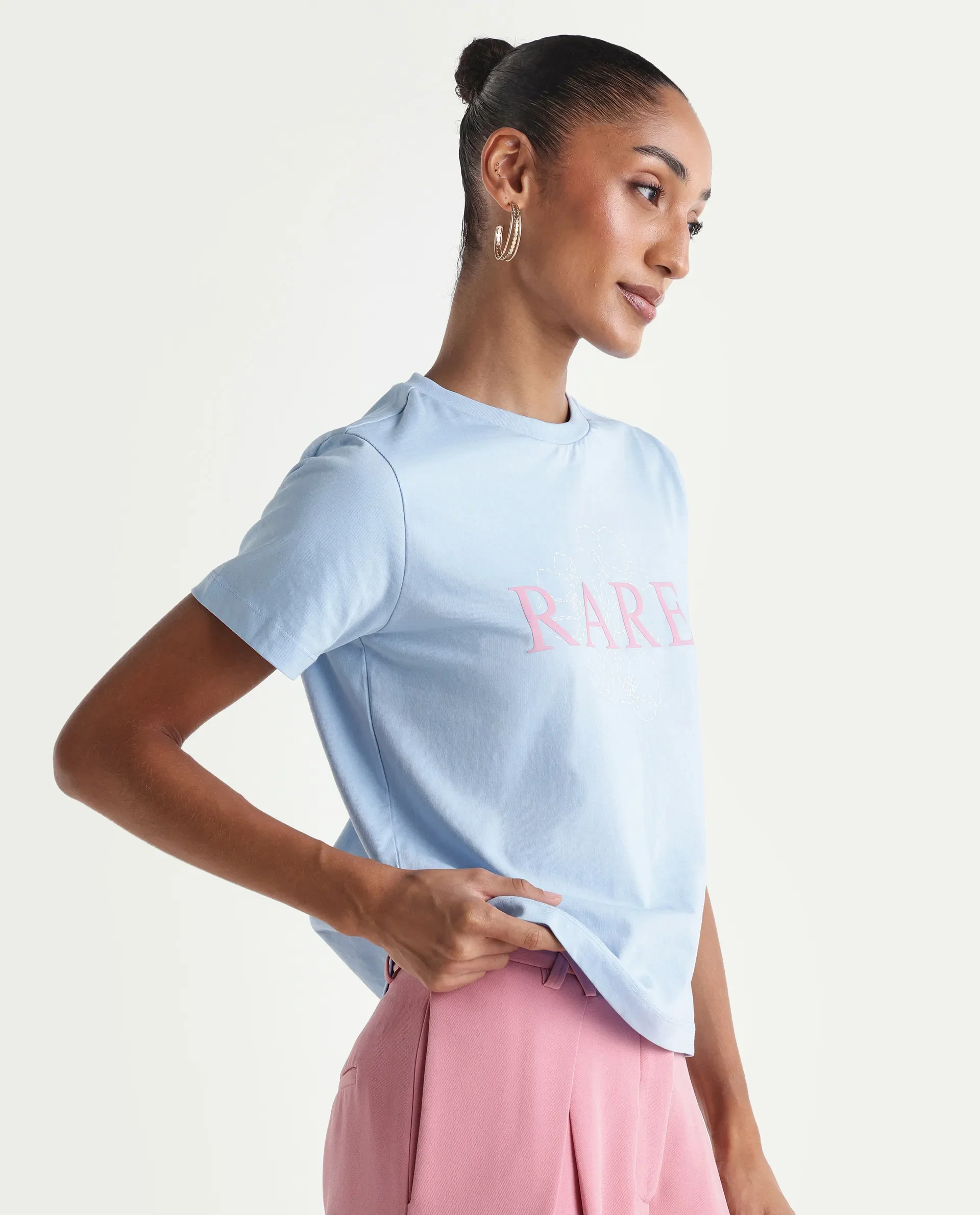 Rareism Women's Zhane Light Blue Cotton Crew Neck Pull-On Regular Typography Print T-Shirt - Image 4