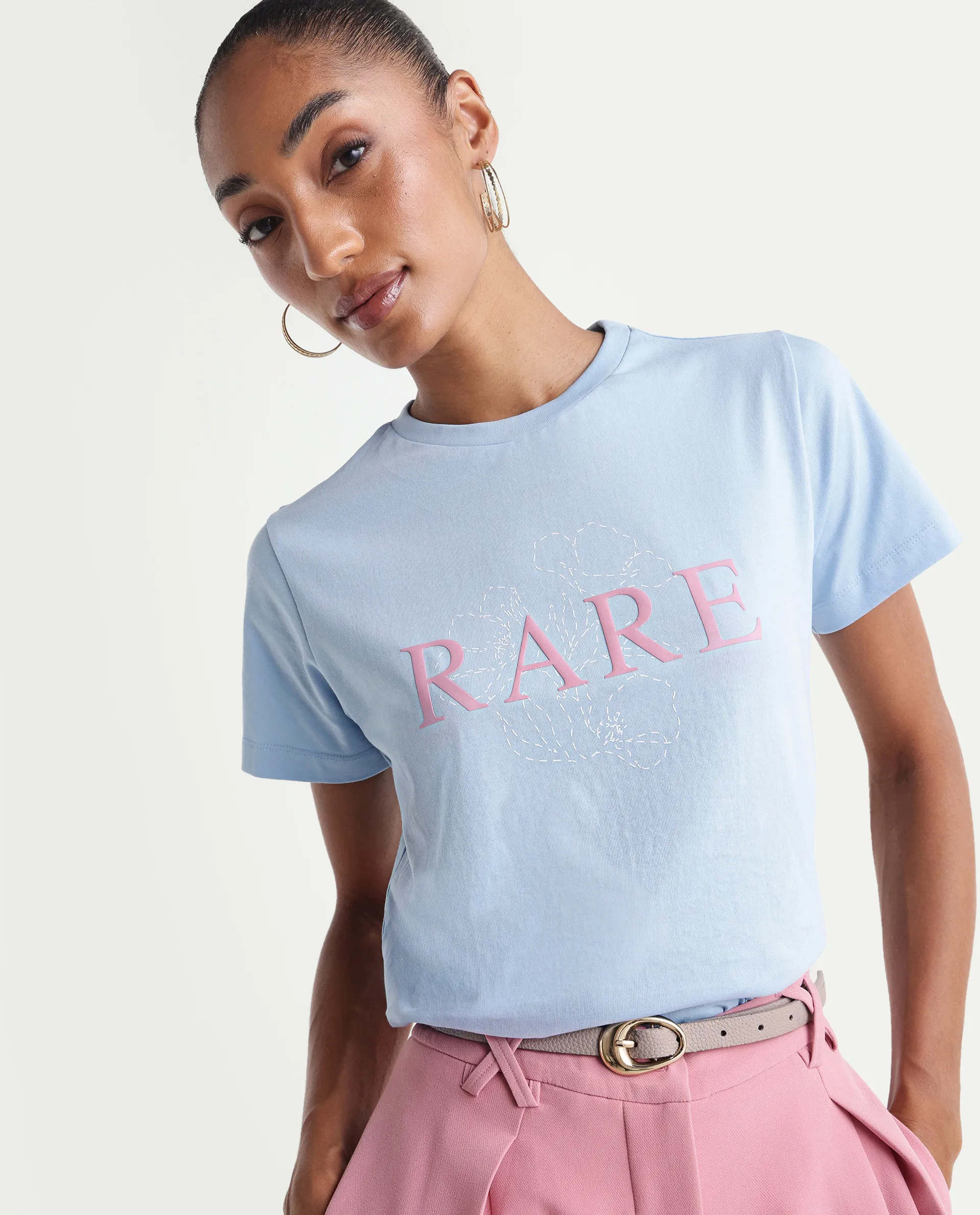 Rareism Women's Zhane Light Blue Cotton Crew Neck Pull-On Regular Typography Print T-Shirt - Image 5
