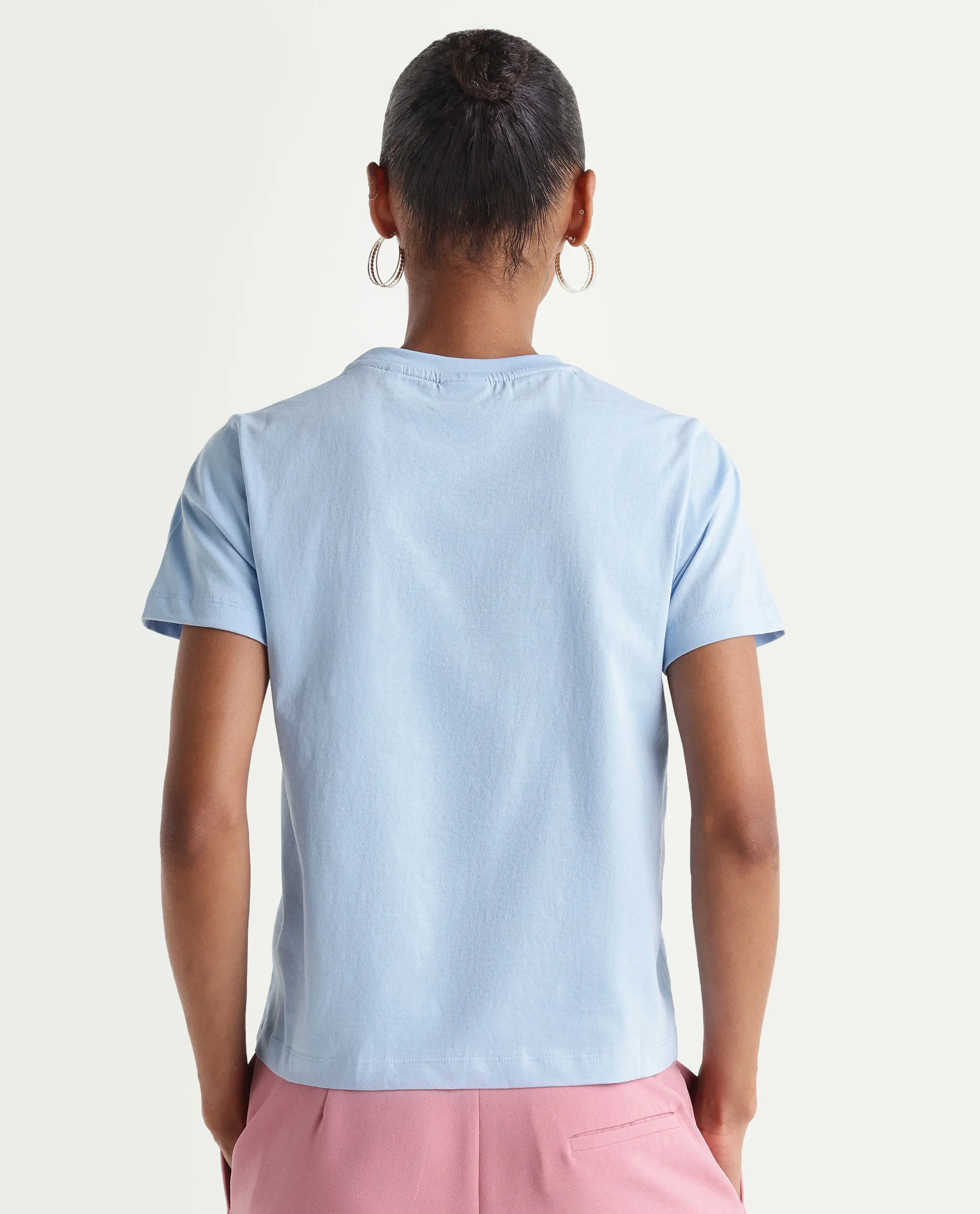 Rareism Women's Zhane Light Blue Cotton Crew Neck Pull-On Regular Typography Print T-Shirt - Image 6