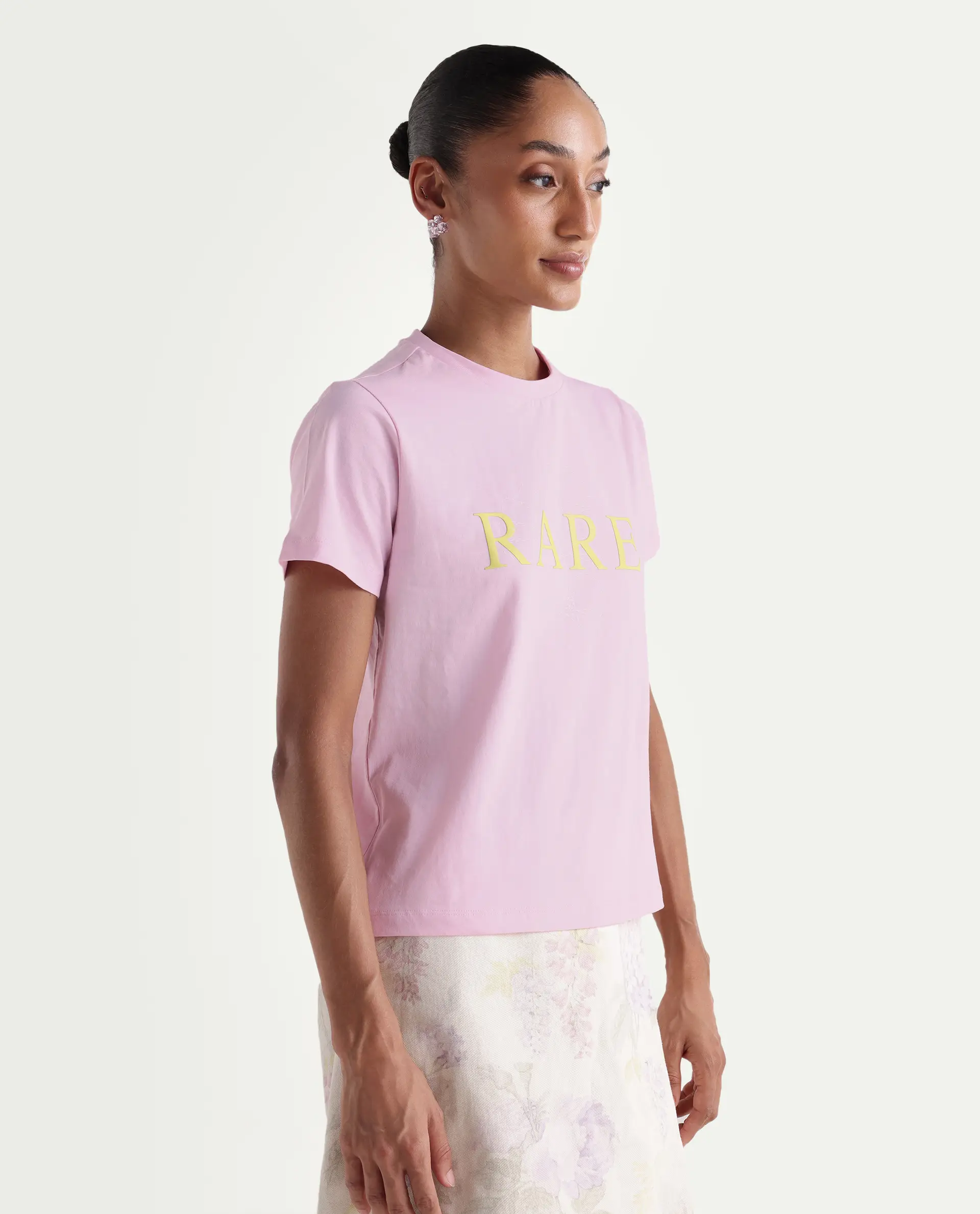 Rareism Women's Zhane Light Pink Cotton Crew Neck Pull-On Regular Typography Print T-Shirt - Image 5
