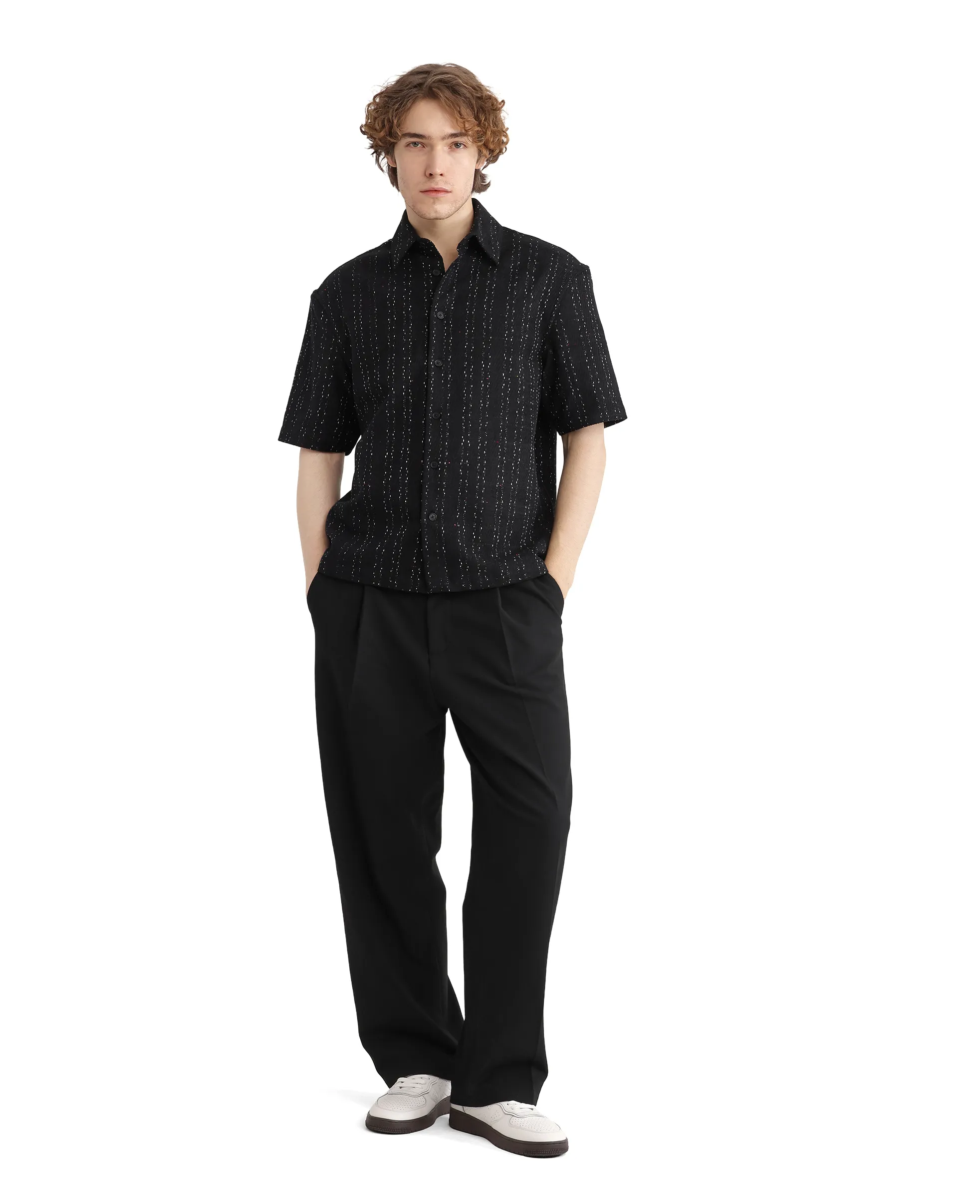 Rare Rabbit Men's Zhet Navy Cotton Striped Print Regular Fit Half Sleeve Collared Shirt - Image 2