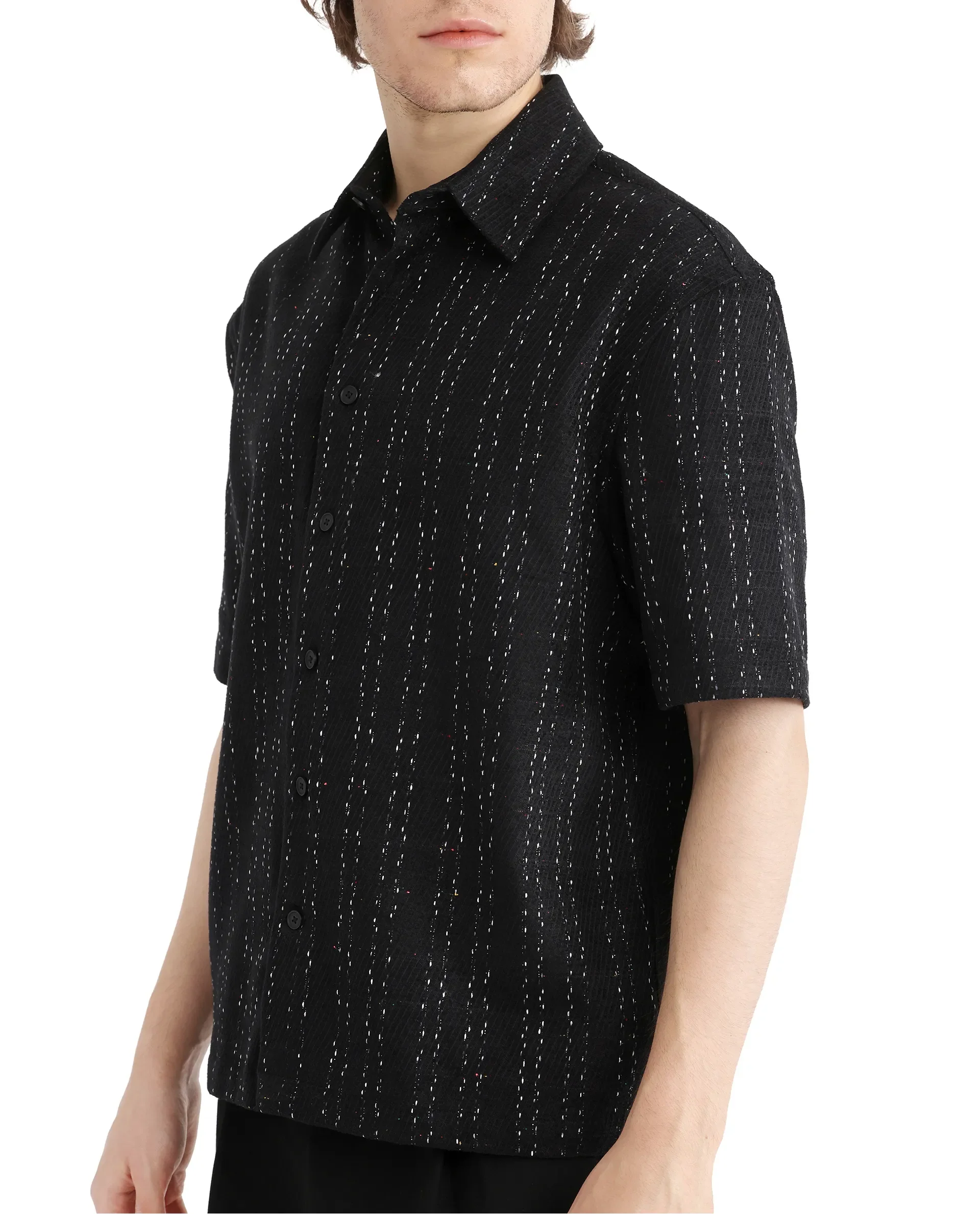 Rare Rabbit Men's Zhet Navy Cotton Striped Print Regular Fit Half Sleeve Collared Shirt - Image 3