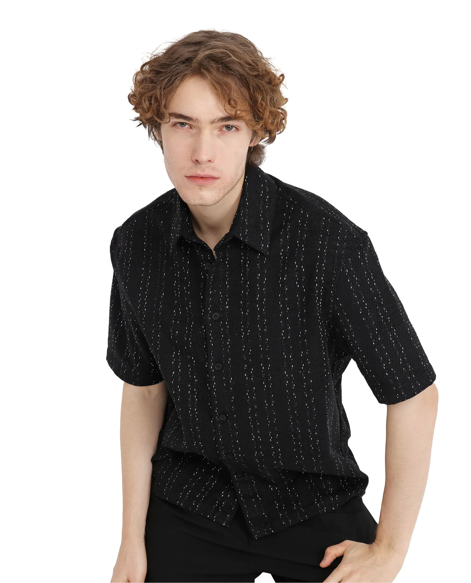 Rare Rabbit Men's Zhet Navy Cotton Striped Print Regular Fit Half Sleeve Collared Shirt - Image 5