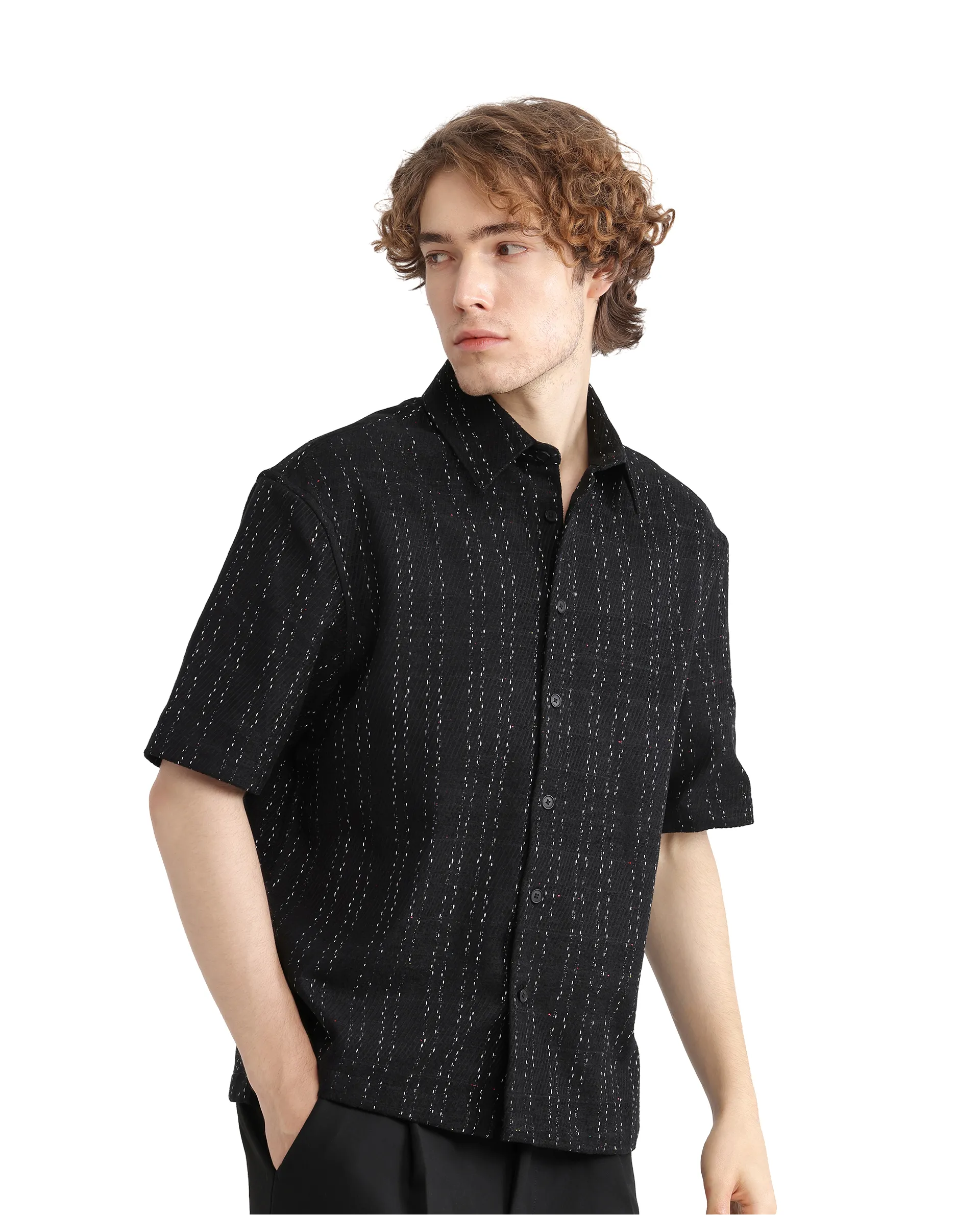 Rare Rabbit Men's Zhet Navy Cotton Striped Print Regular Fit Half Sleeve Collared Shirt - Image 6
