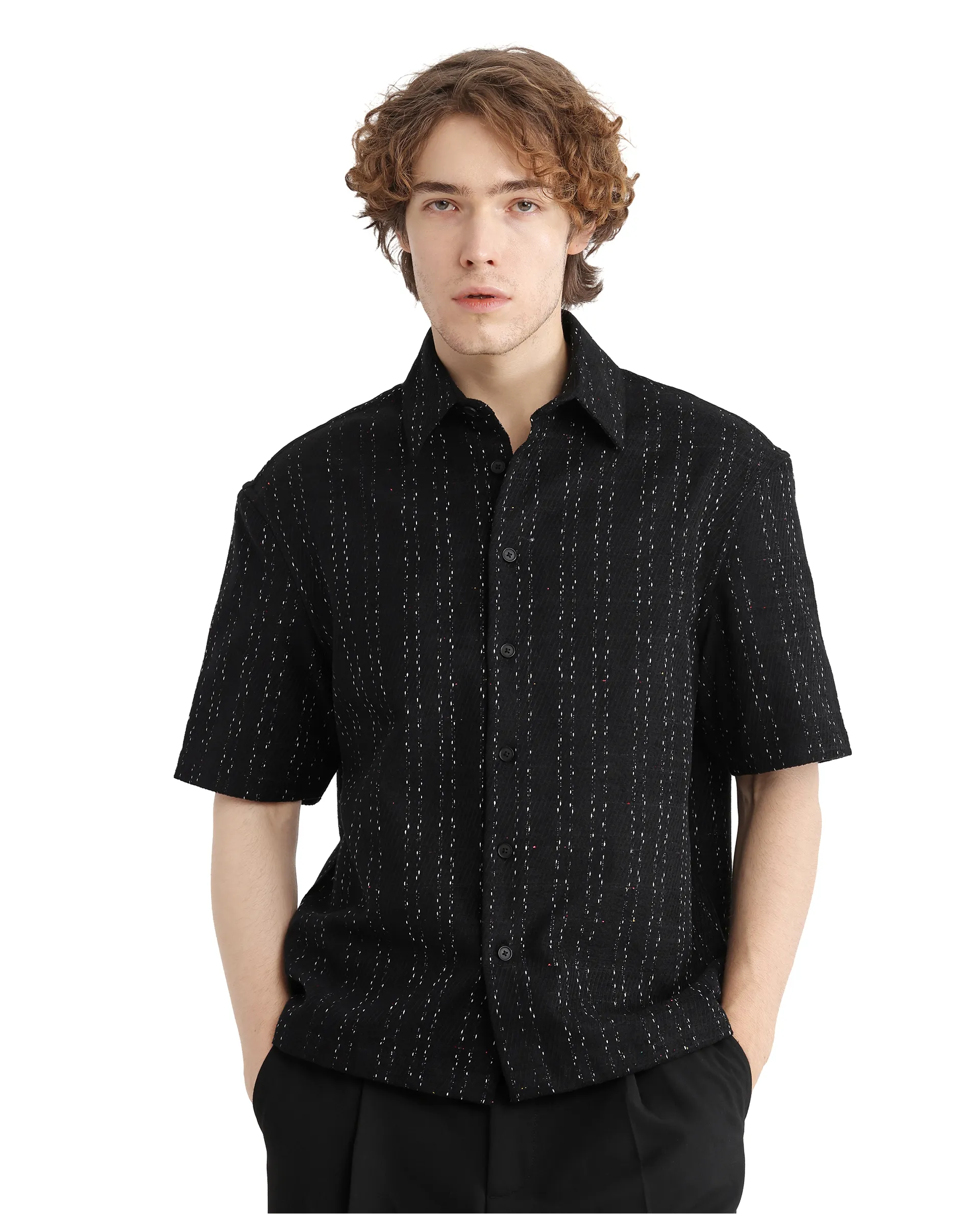 Rare Rabbit Men's Zhet Navy Cotton Striped Print Regular Fit Half Sleeve Collared Shirt - Image 8