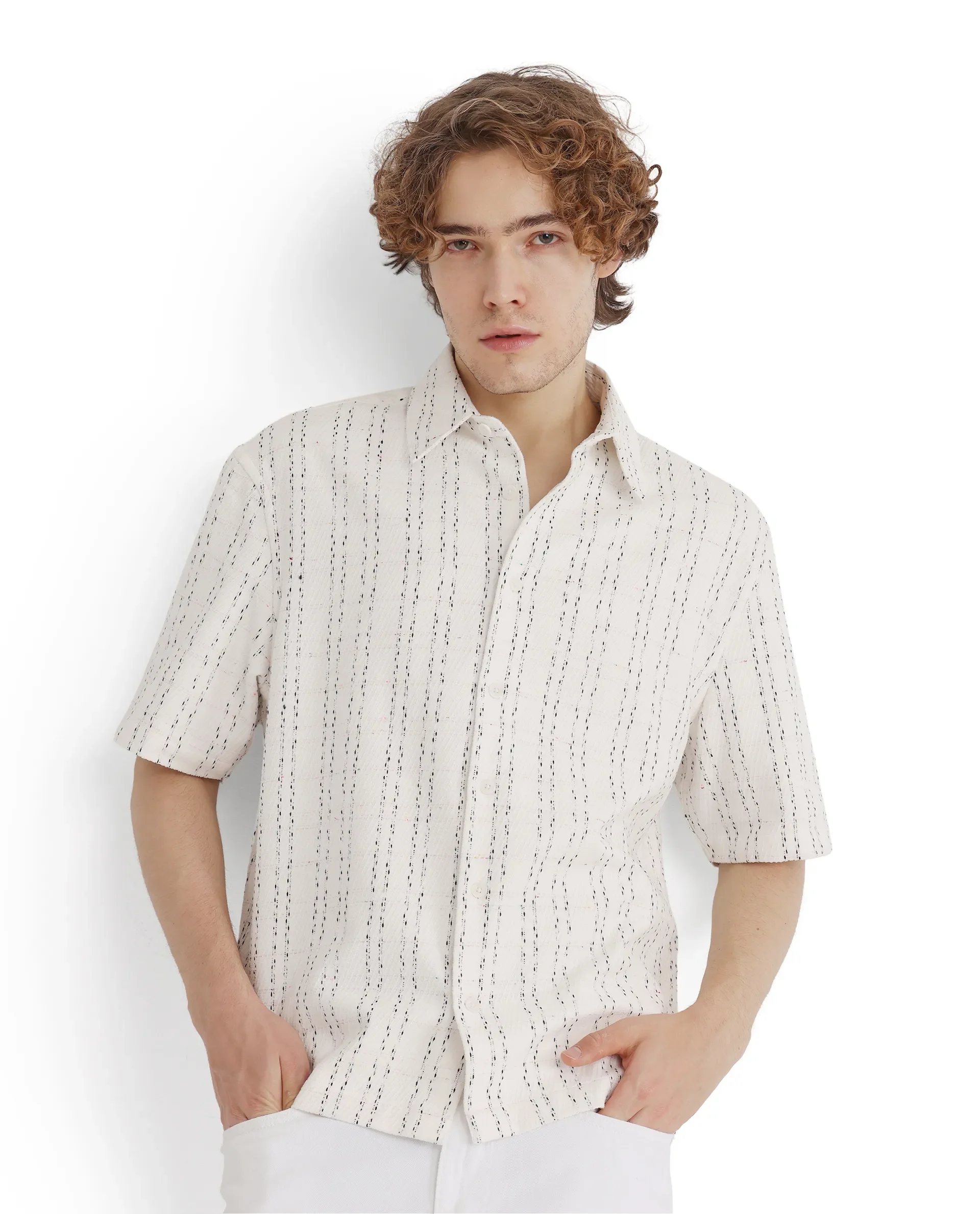 Rare Rabbit Men's Zhet White Cotton Striped Print Regular Fit Half Sleeve Collared Shirt