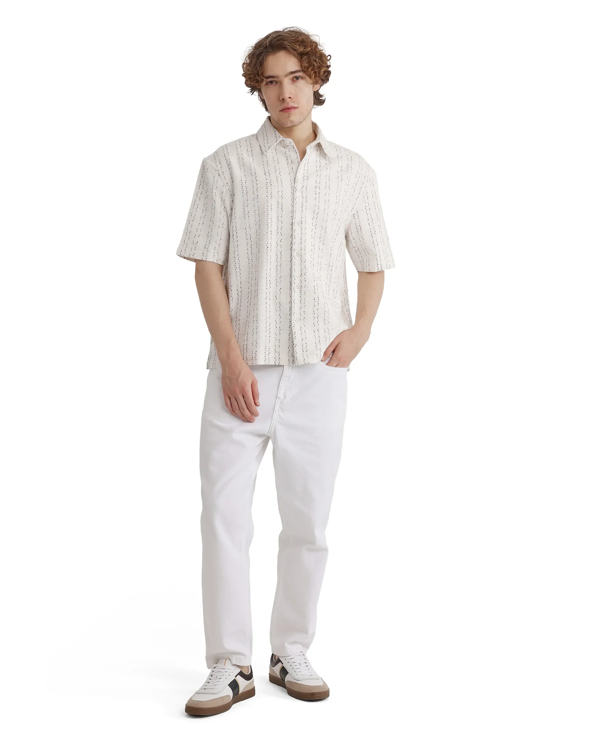 Rare Rabbit Men's Zhet White Cotton Striped Print Regular Fit Half Sleeve Collared Shirt - Image 2