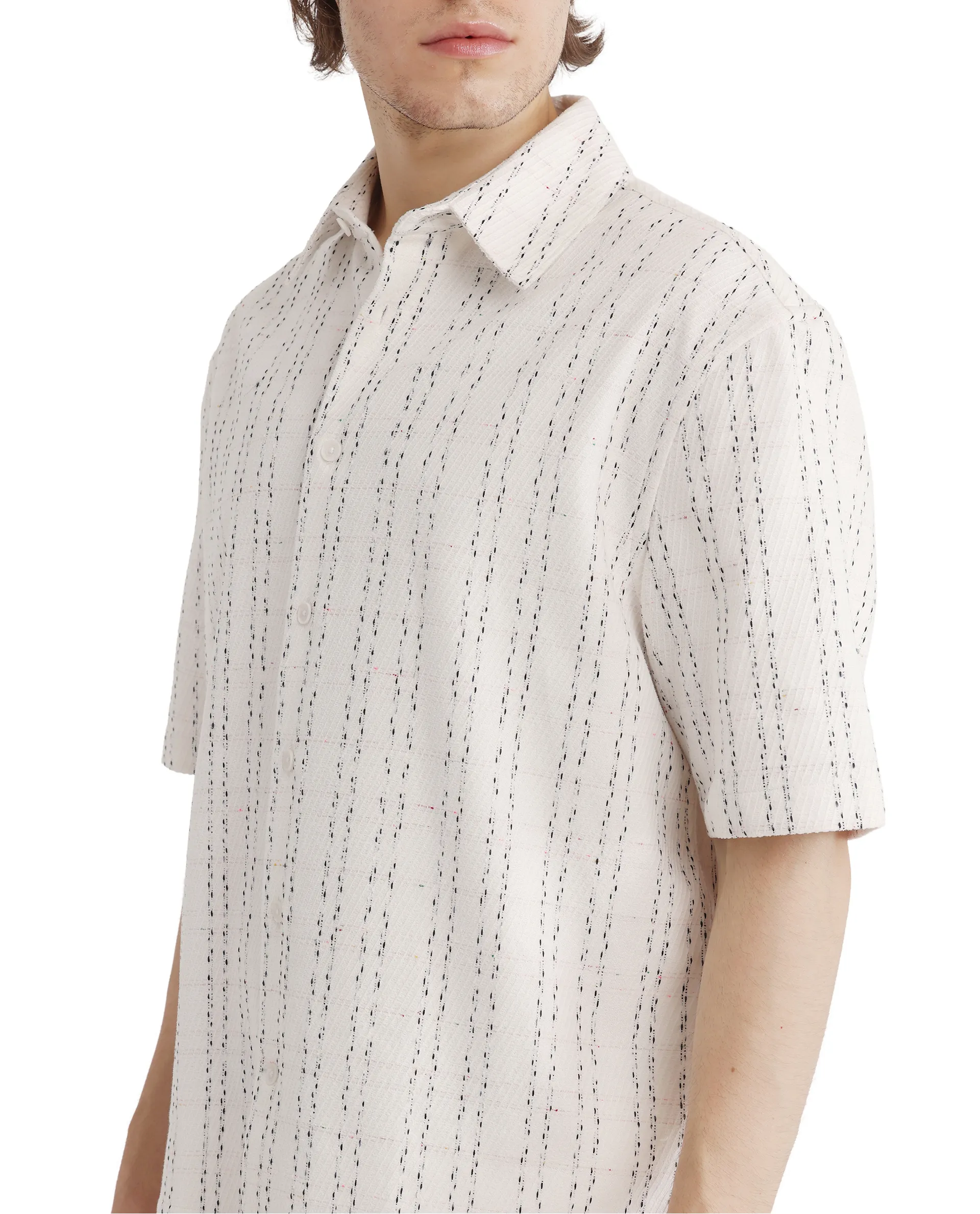 Rare Rabbit Men's Zhet White Cotton Striped Print Regular Fit Half Sleeve Collared Shirt - Image 3