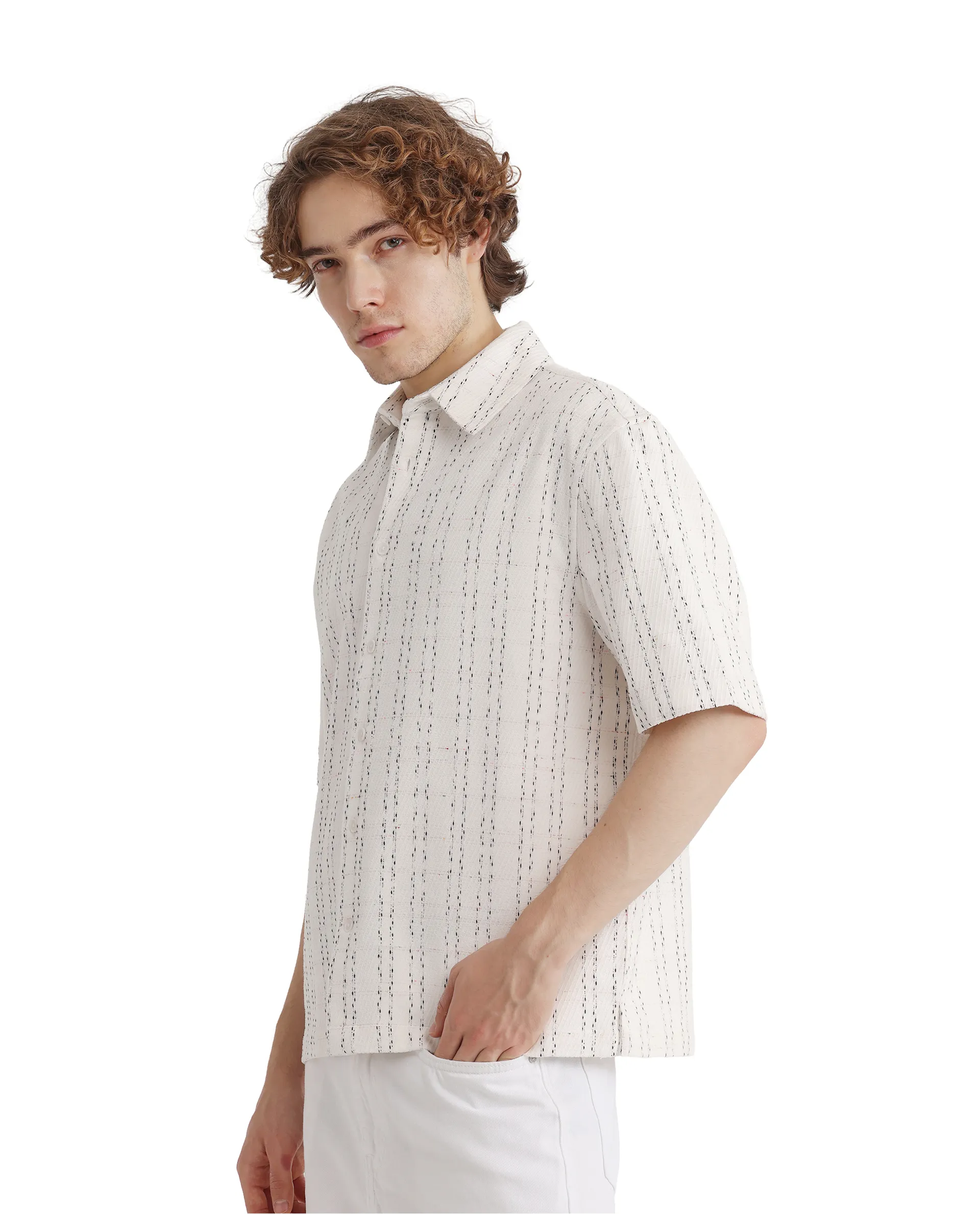 Rare Rabbit Men's Zhet White Cotton Striped Print Regular Fit Half Sleeve Collared Shirt - Image 4