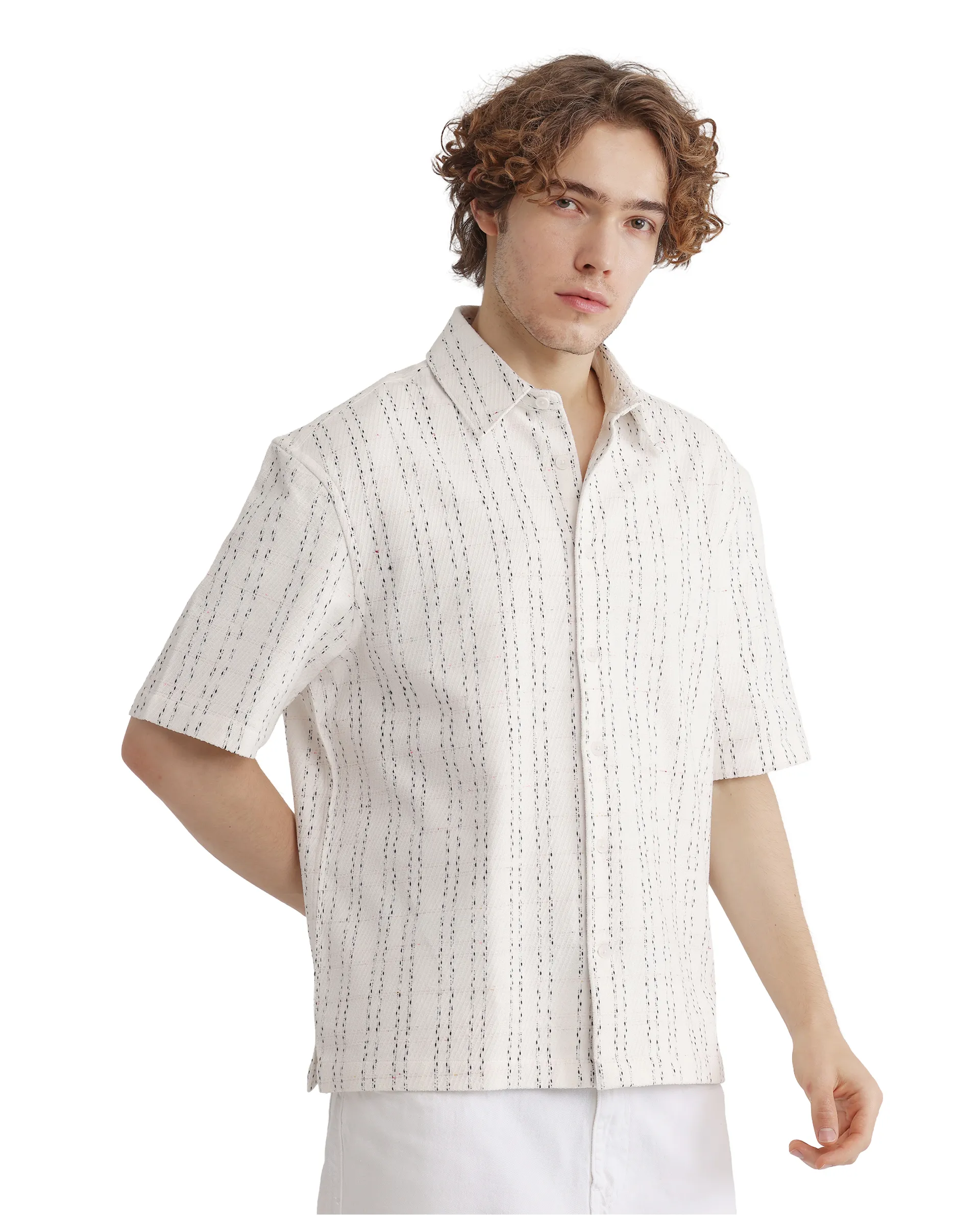 Rare Rabbit Men's Zhet White Cotton Striped Print Regular Fit Half Sleeve Collared Shirt - Image 5