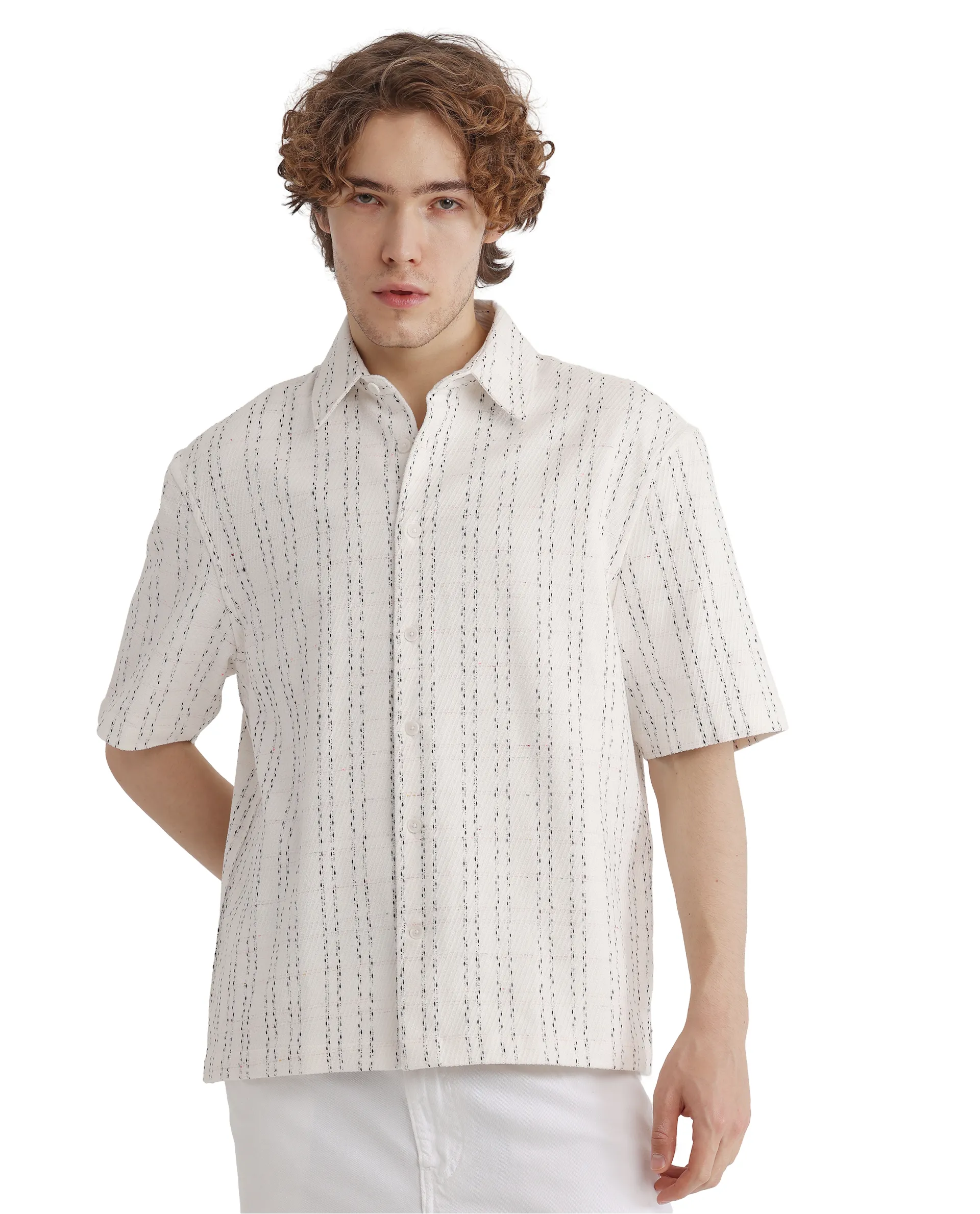Rare Rabbit Men's Zhet White Cotton Striped Print Regular Fit Half Sleeve Collared Shirt - Image 8
