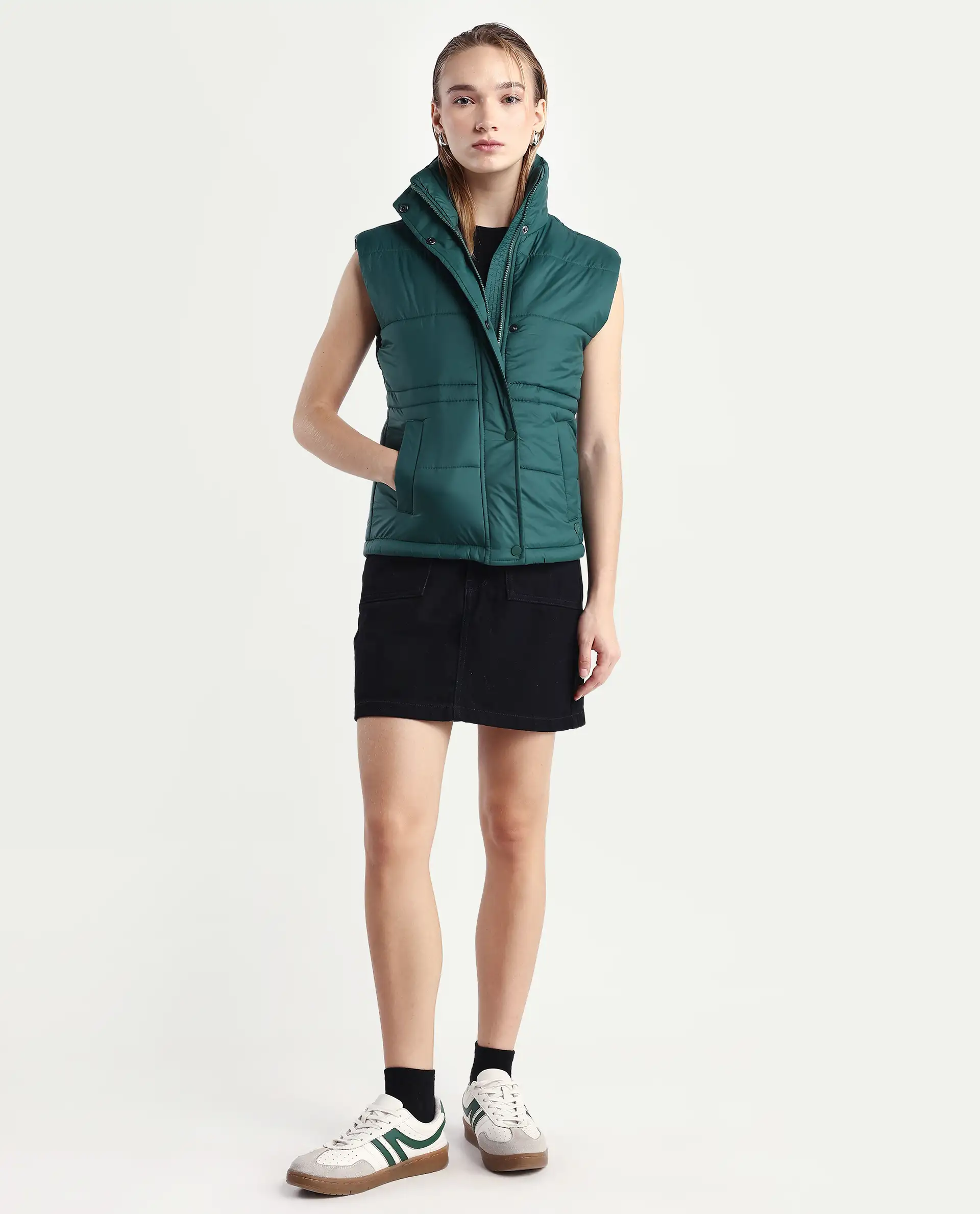 Rareism Women's Ziazan Green Polyester High Neck Plain Sleeveless Regular Fit Jacket - Image 2