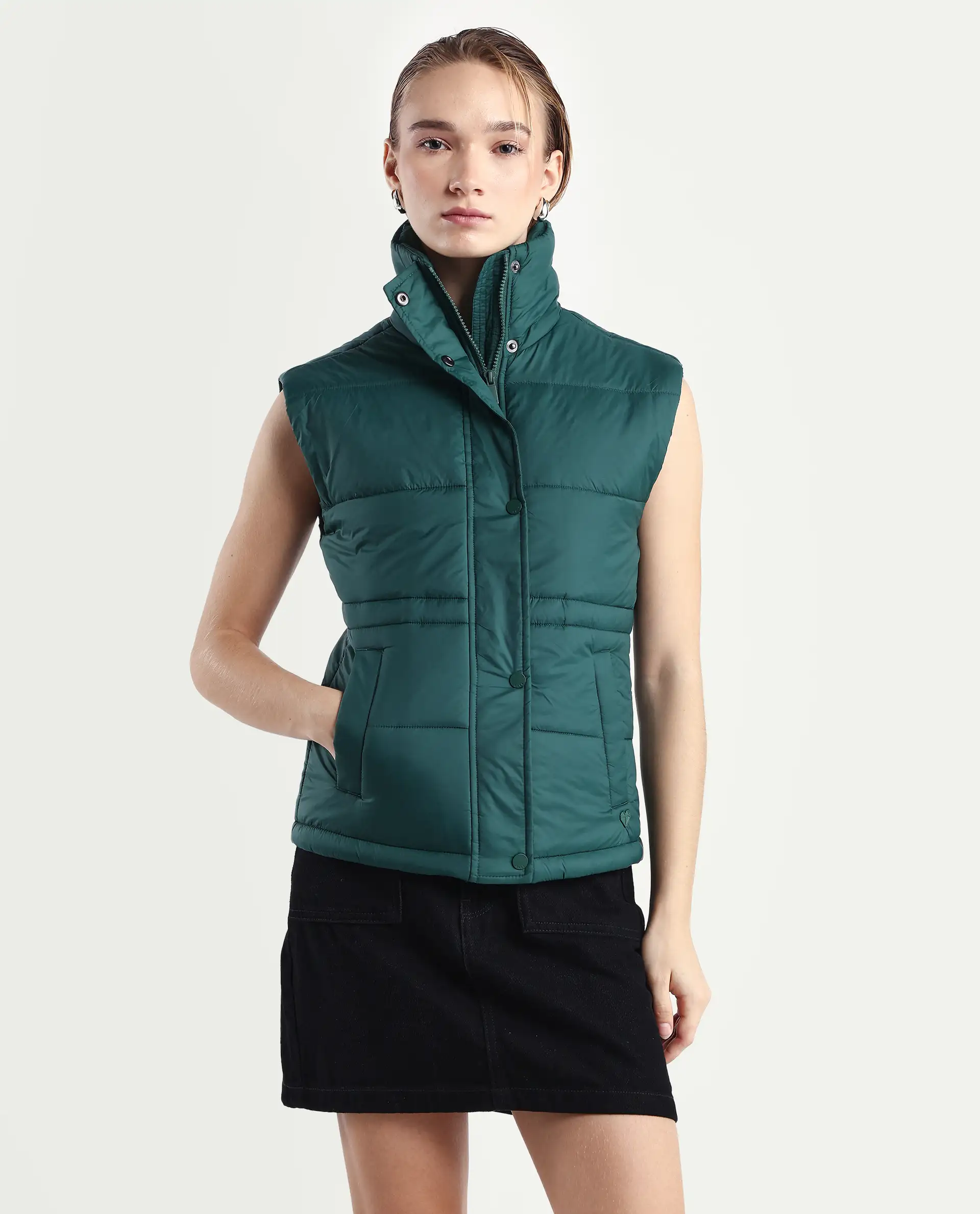 Rareism Women's Ziazan Green Polyester High Neck Plain Sleeveless Regular Fit Jacket - Image 3