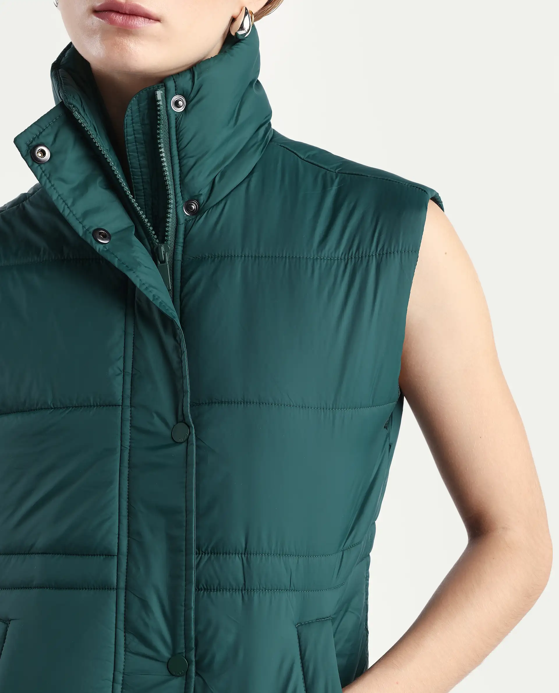 Rareism Women's Ziazan Green Polyester High Neck Plain Sleeveless Regular Fit Jacket - Image 4