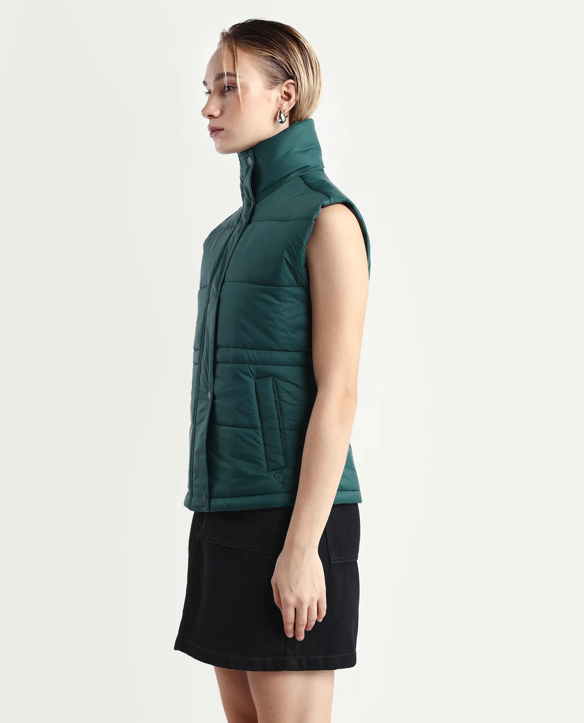 Rareism Women's Ziazan Green Polyester High Neck Plain Sleeveless Regular Fit Jacket - Image 5