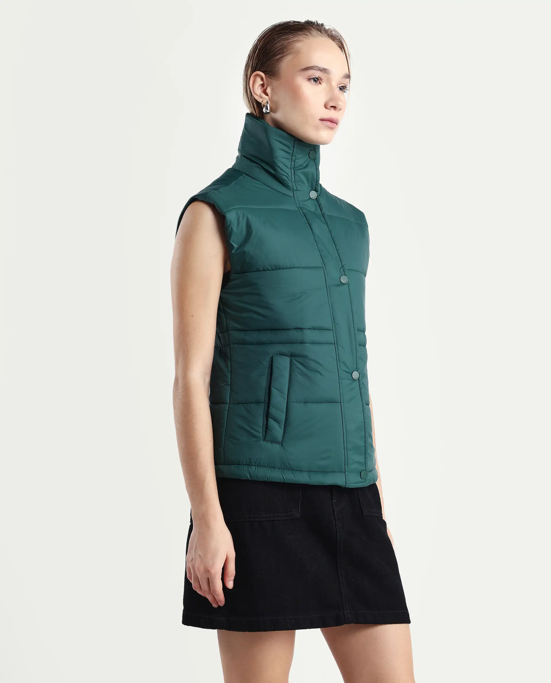 Rareism Women's Ziazan Green Polyester High Neck Plain Sleeveless Regular Fit Jacket - Image 6