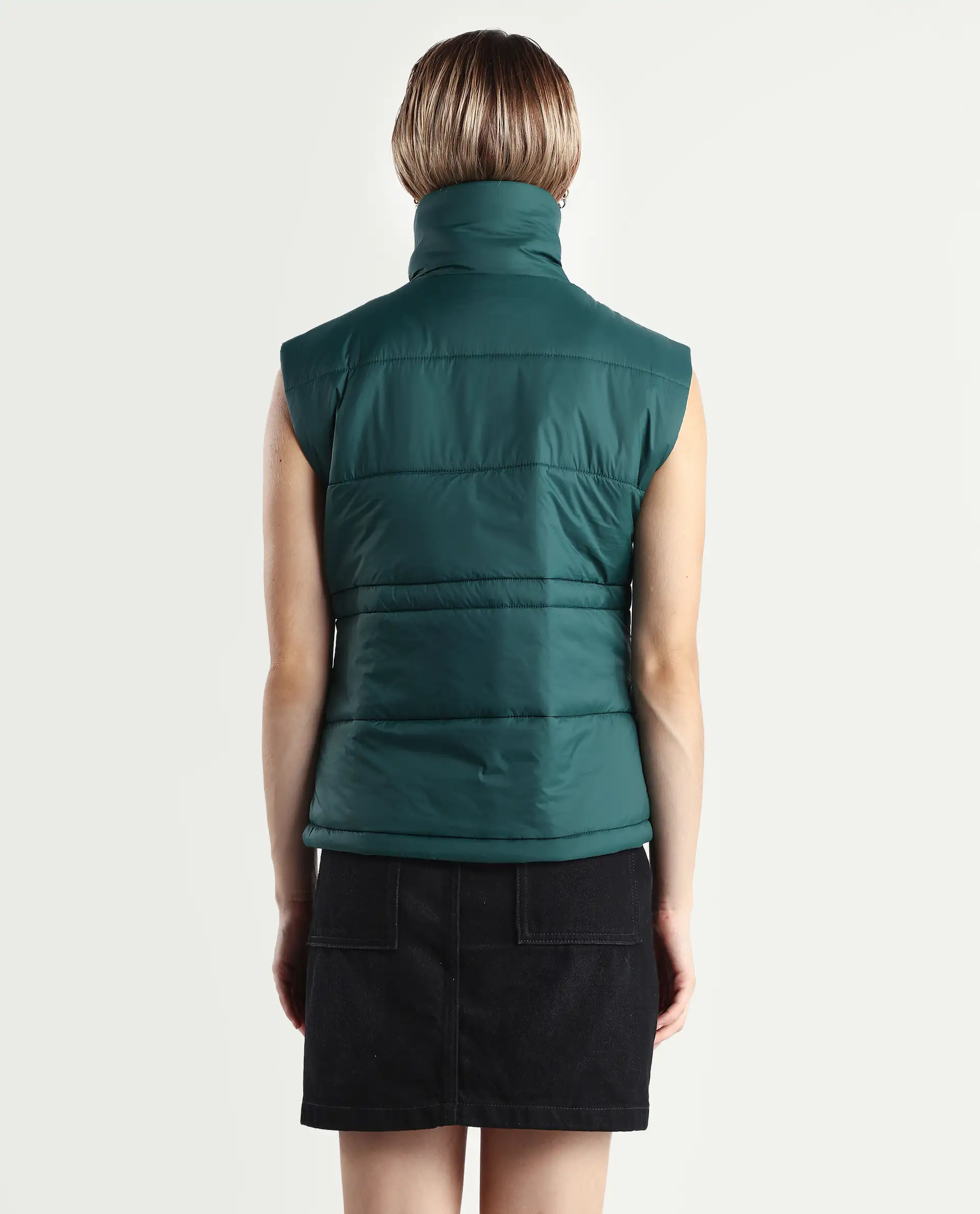 Rareism Women's Ziazan Green Polyester High Neck Plain Sleeveless Regular Fit Jacket - Image 7