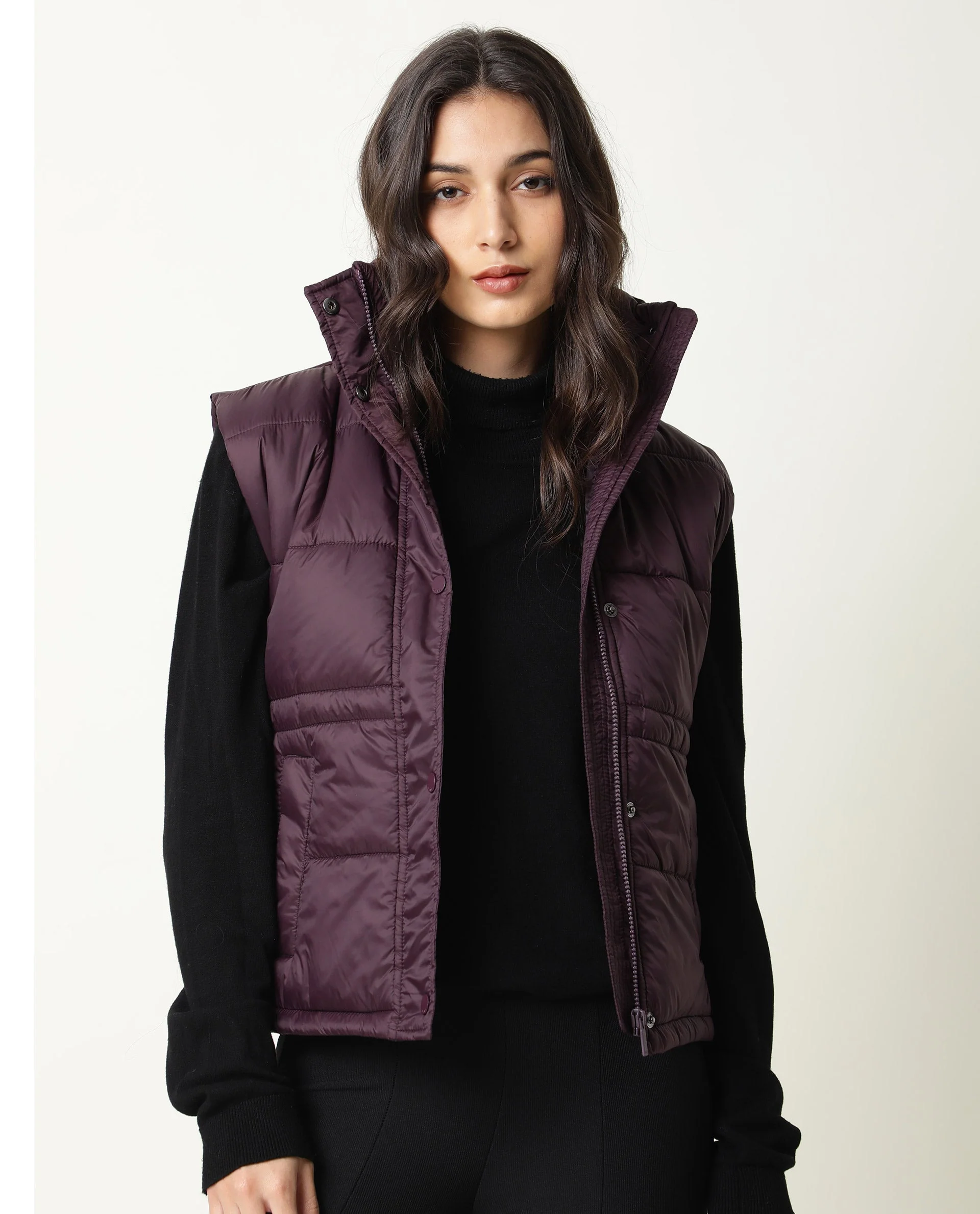 Rareism Women's Ziazan Maroon Polyester High Neck Plain Sleeveless Regular Fit Jacket