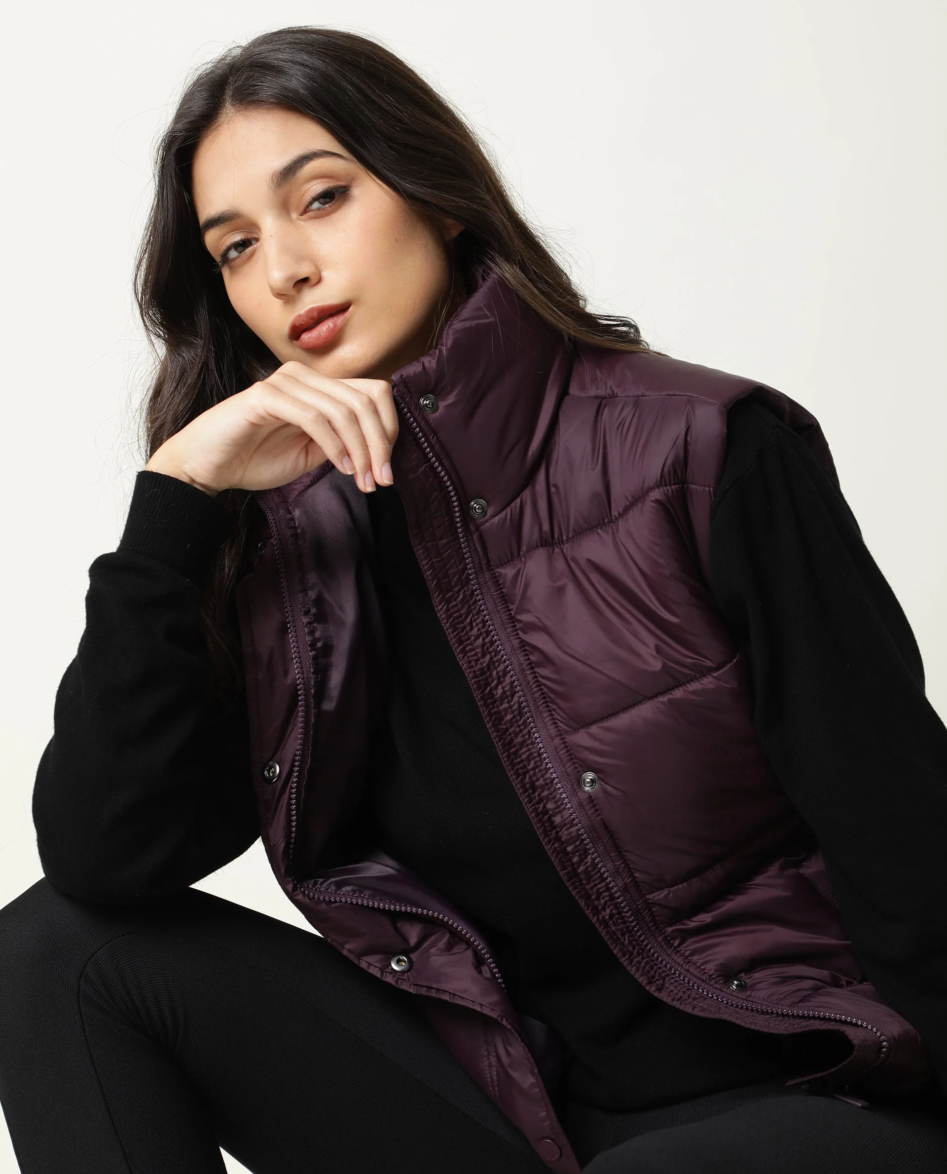 Rareism Women's Ziazan Maroon Polyester High Neck Plain Sleeveless Regular Fit Jacket - Image 10