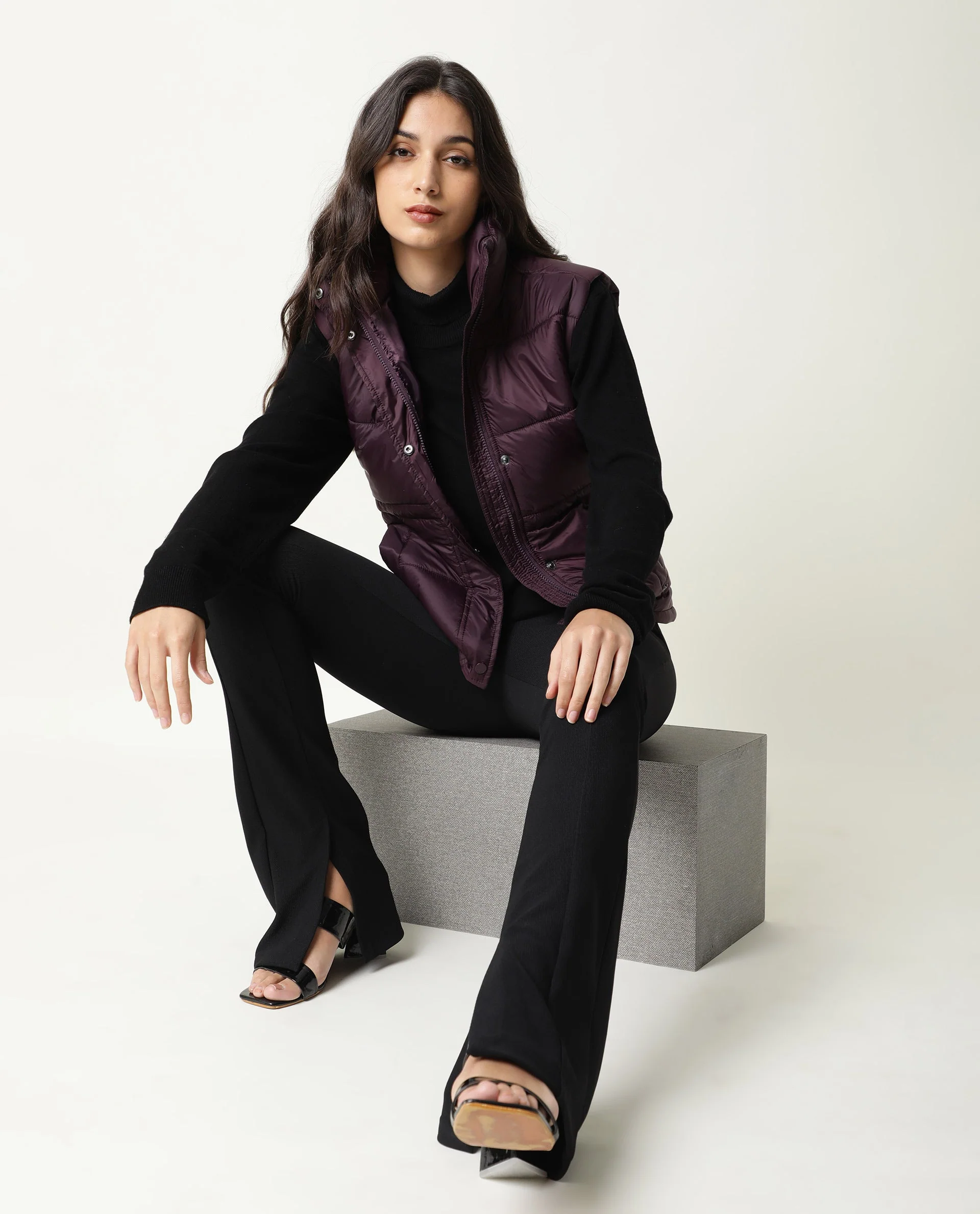 Rareism Women's Ziazan Maroon Polyester High Neck Plain Sleeveless Regular Fit Jacket - Image 11