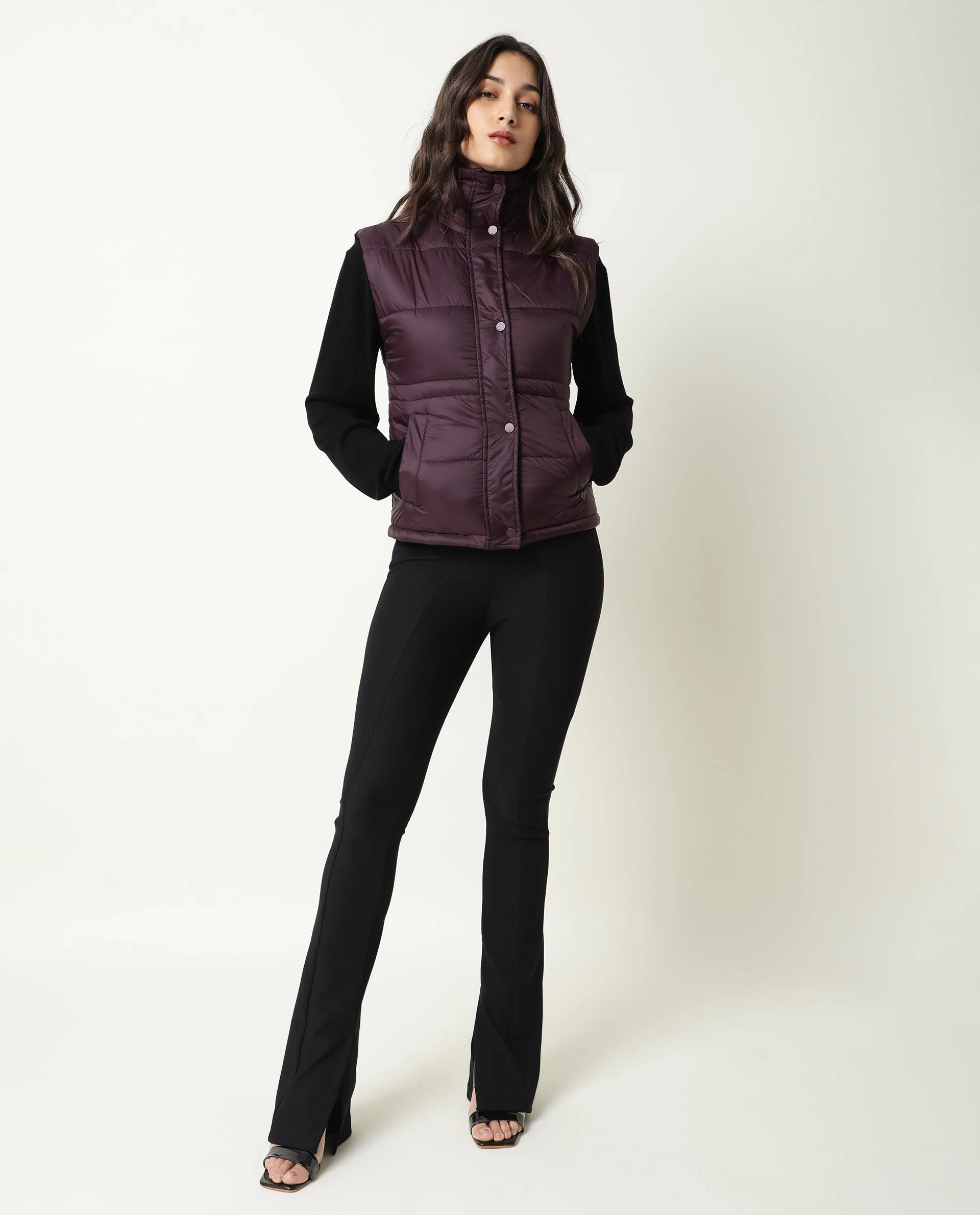 Rareism Women's Ziazan Maroon Polyester High Neck Plain Sleeveless Regular Fit Jacket - Image 2