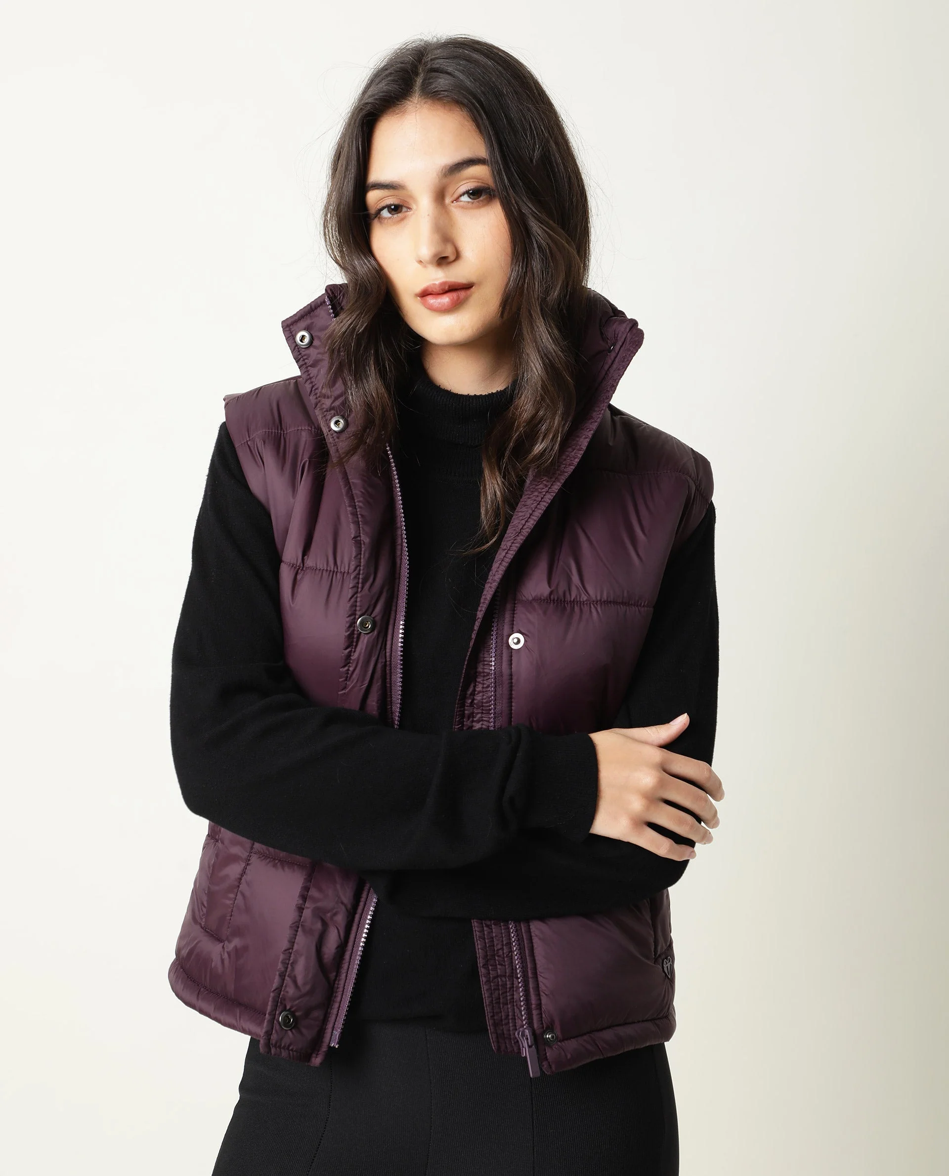 Rareism Women's Ziazan Maroon Polyester High Neck Plain Sleeveless Regular Fit Jacket - Image 4