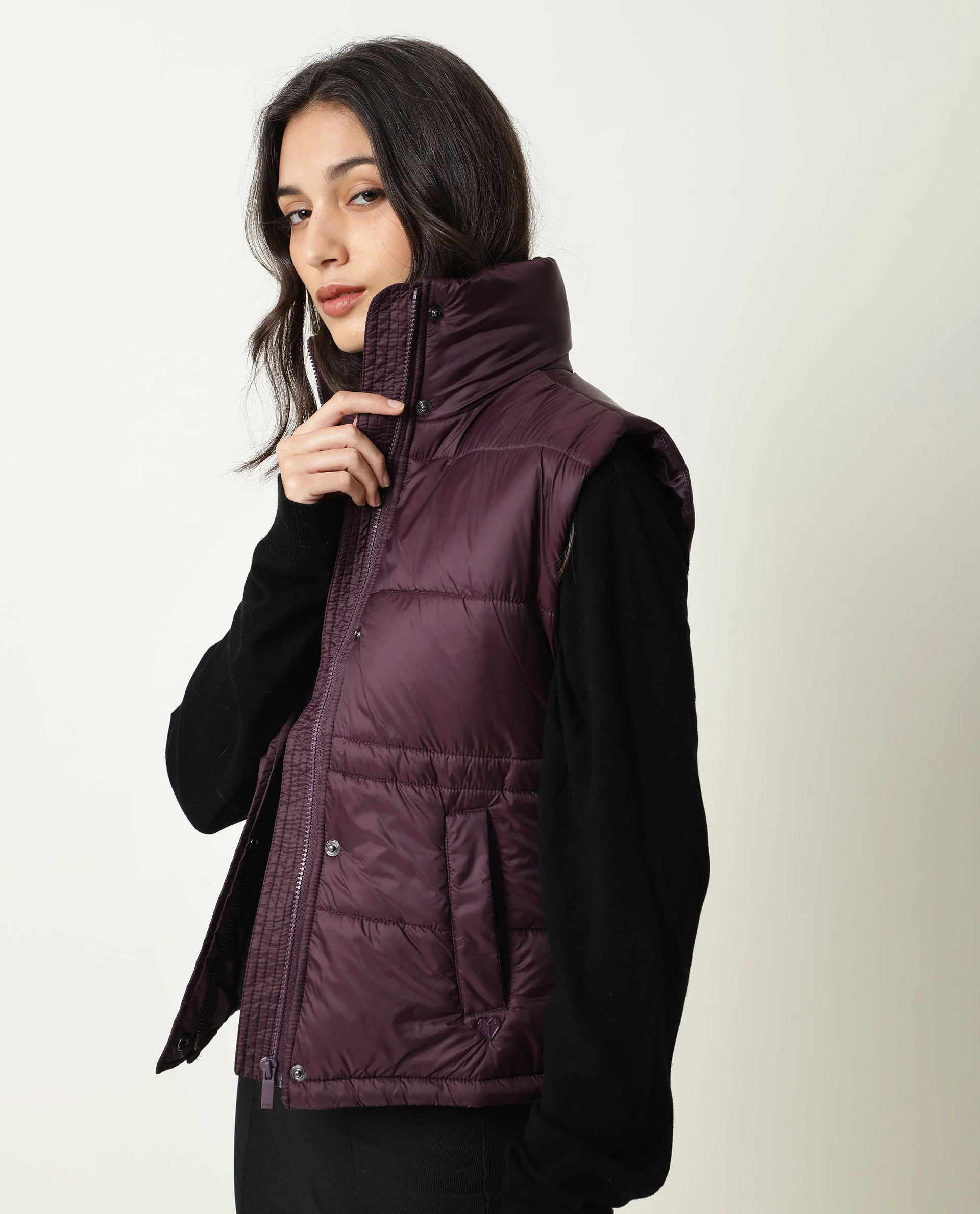 Rareism Women's Ziazan Maroon Polyester High Neck Plain Sleeveless Regular Fit Jacket - Image 5