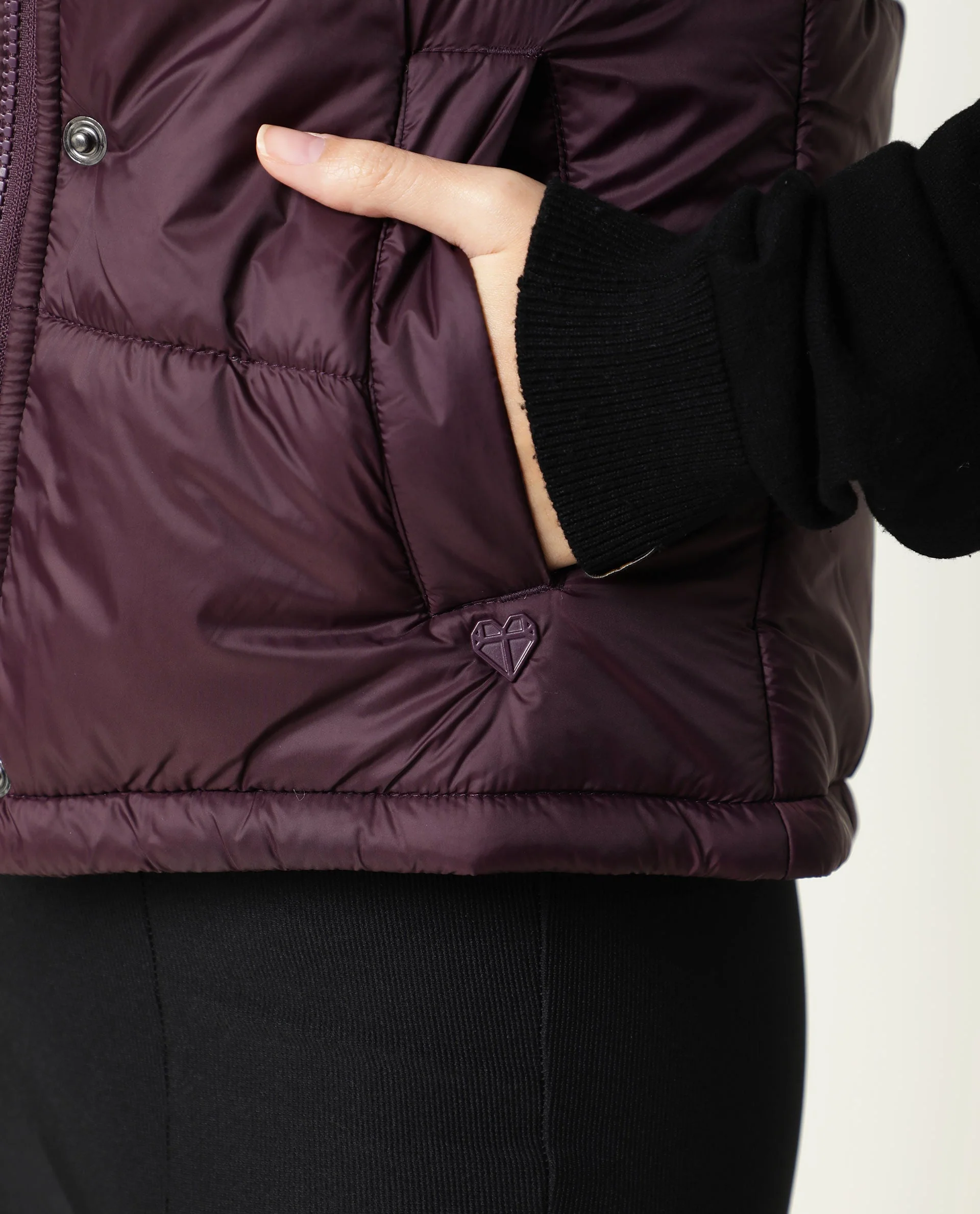 Rareism Women's Ziazan Maroon Polyester High Neck Plain Sleeveless Regular Fit Jacket - Image 6