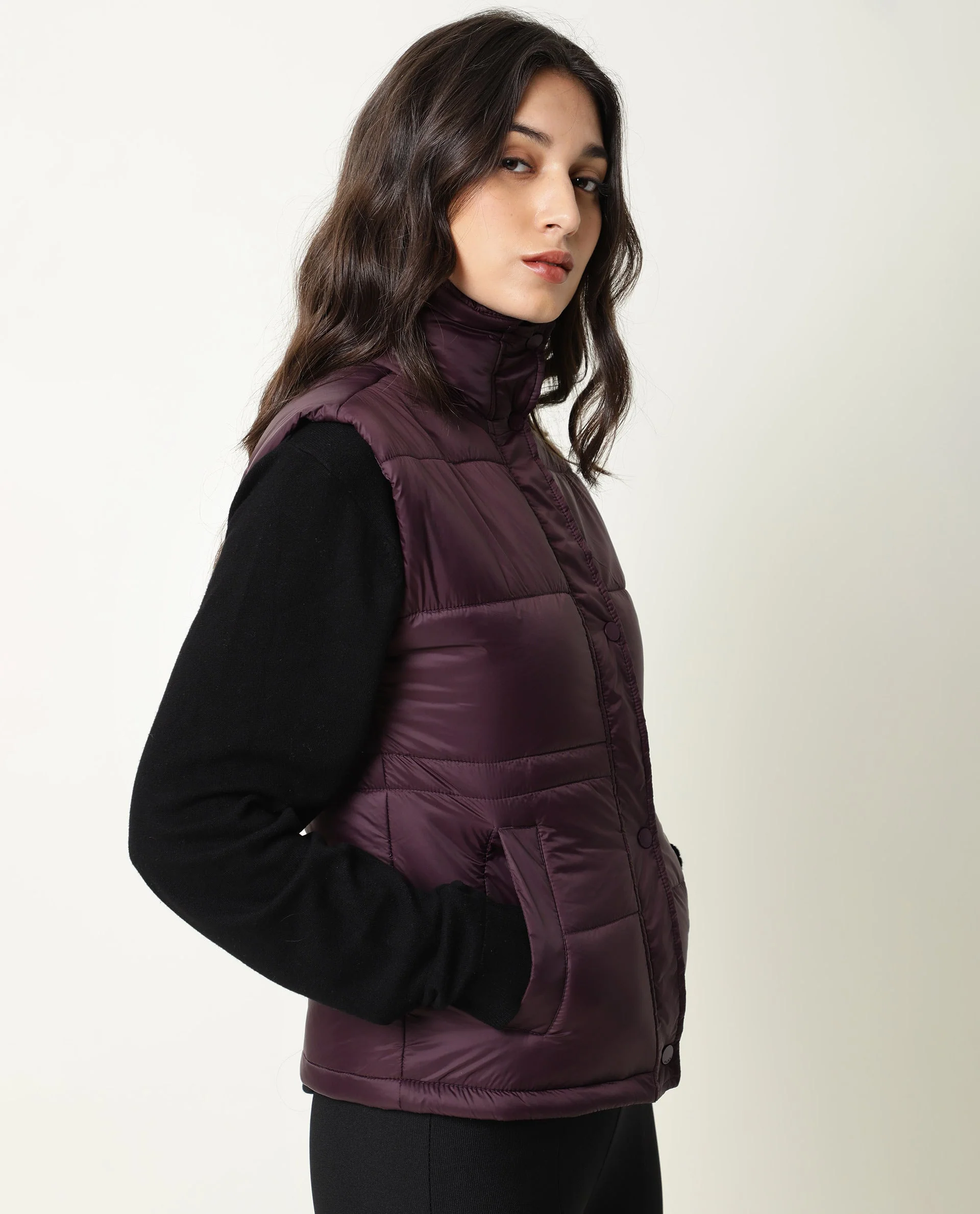 Rareism Women's Ziazan Maroon Polyester High Neck Plain Sleeveless Regular Fit Jacket - Image 8